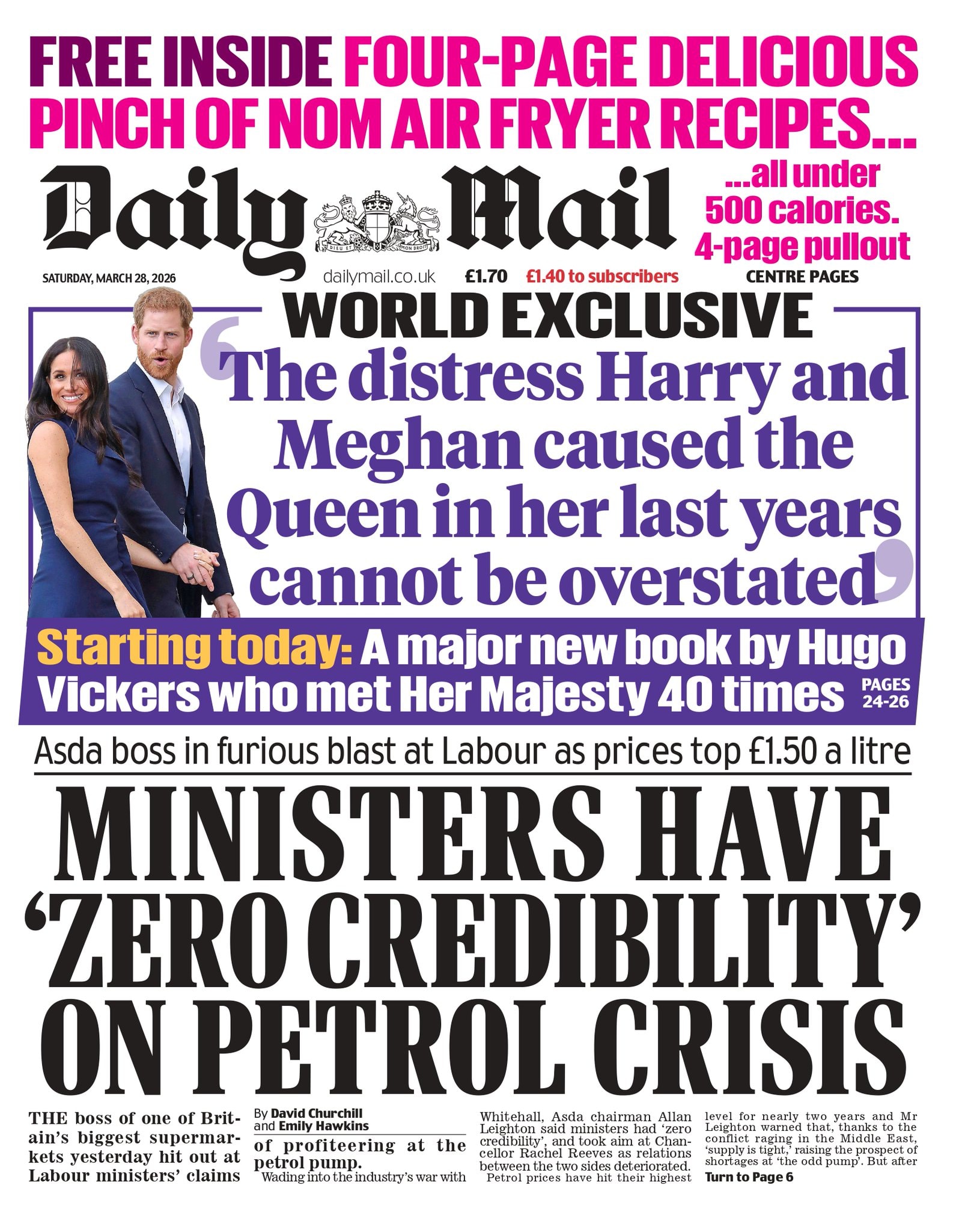 Front page of Daily Mail, 28 March 2026
