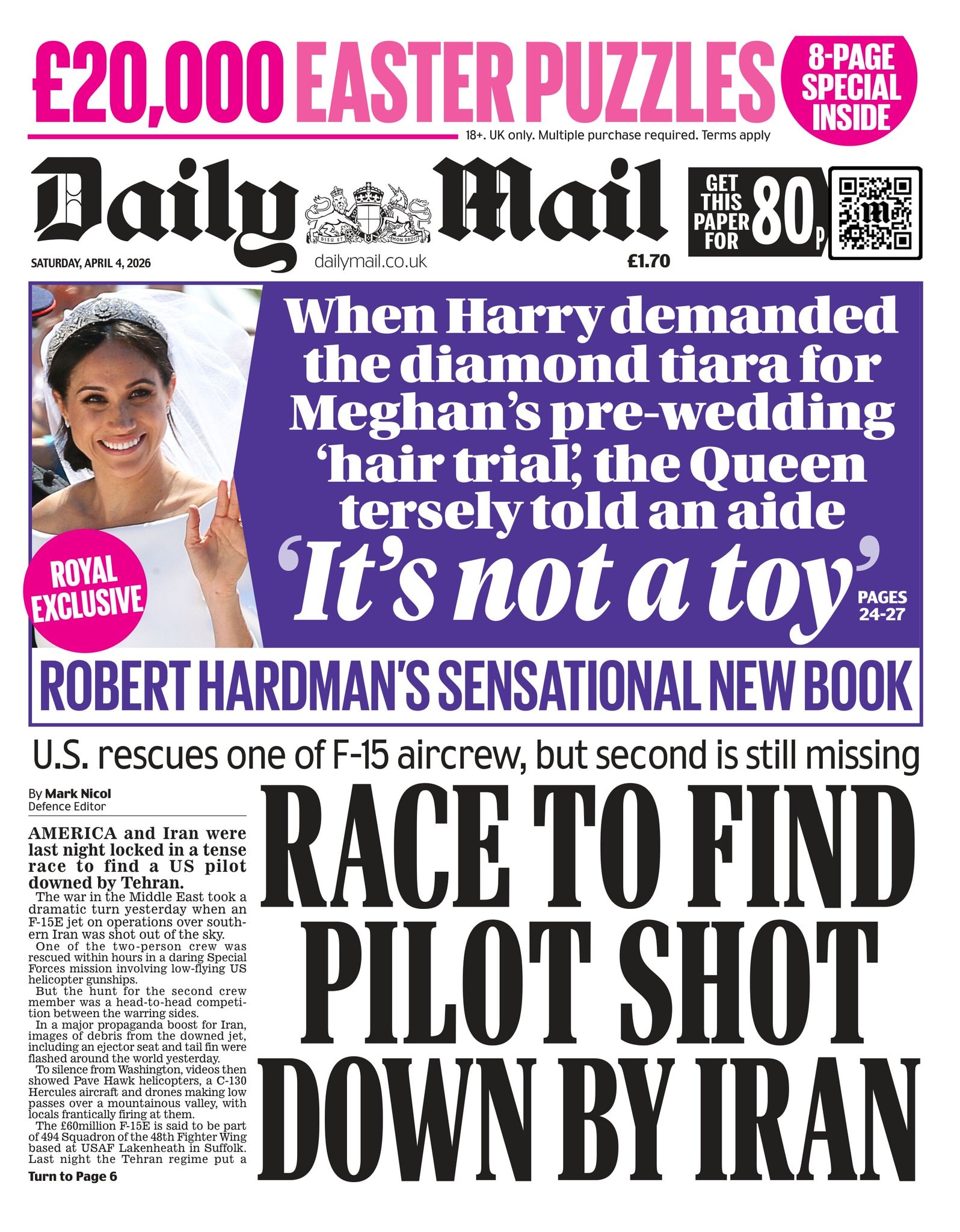 Front page of Daily Mail, 4 April 2026