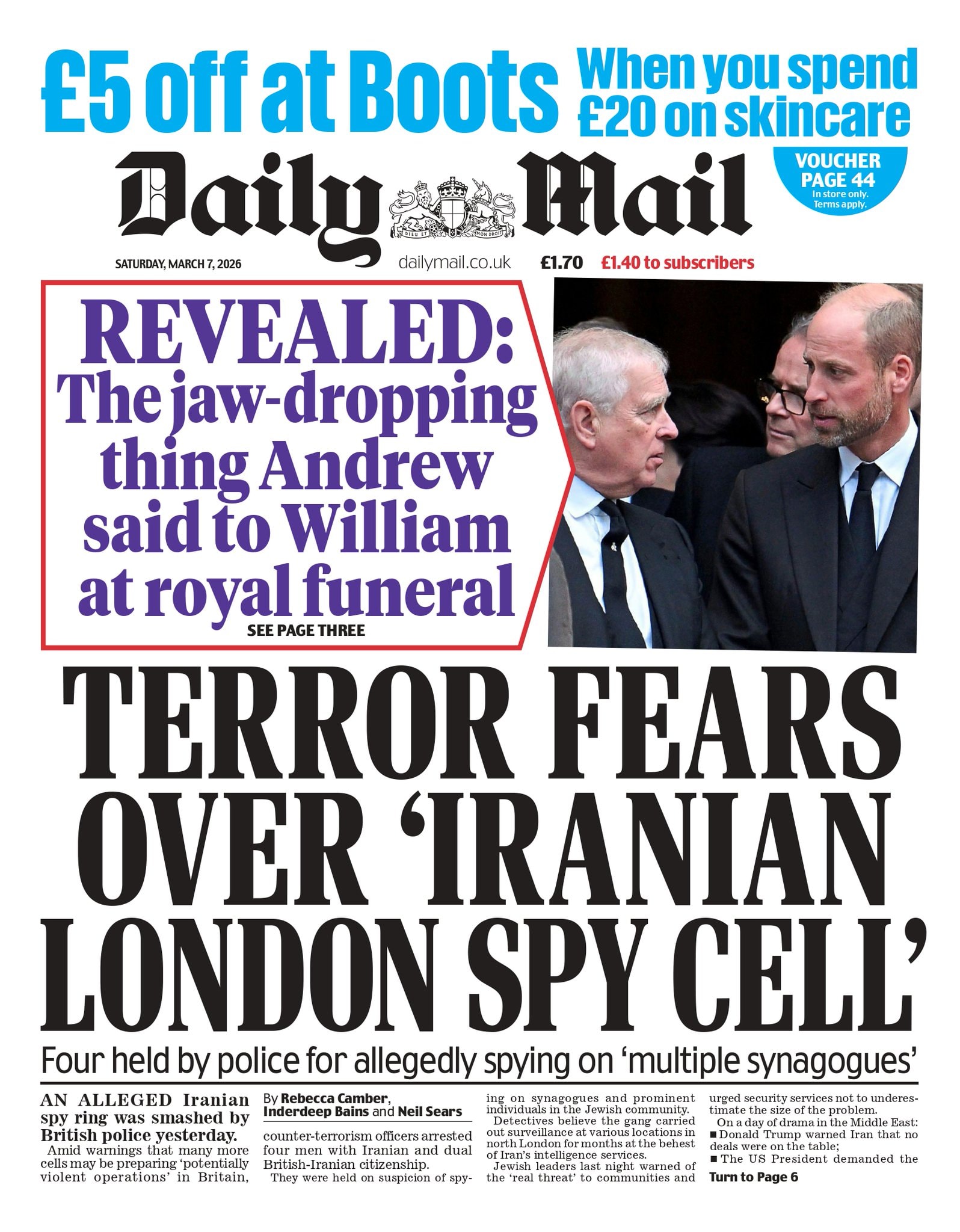 Front page of Daily Mail, 7 March 2026