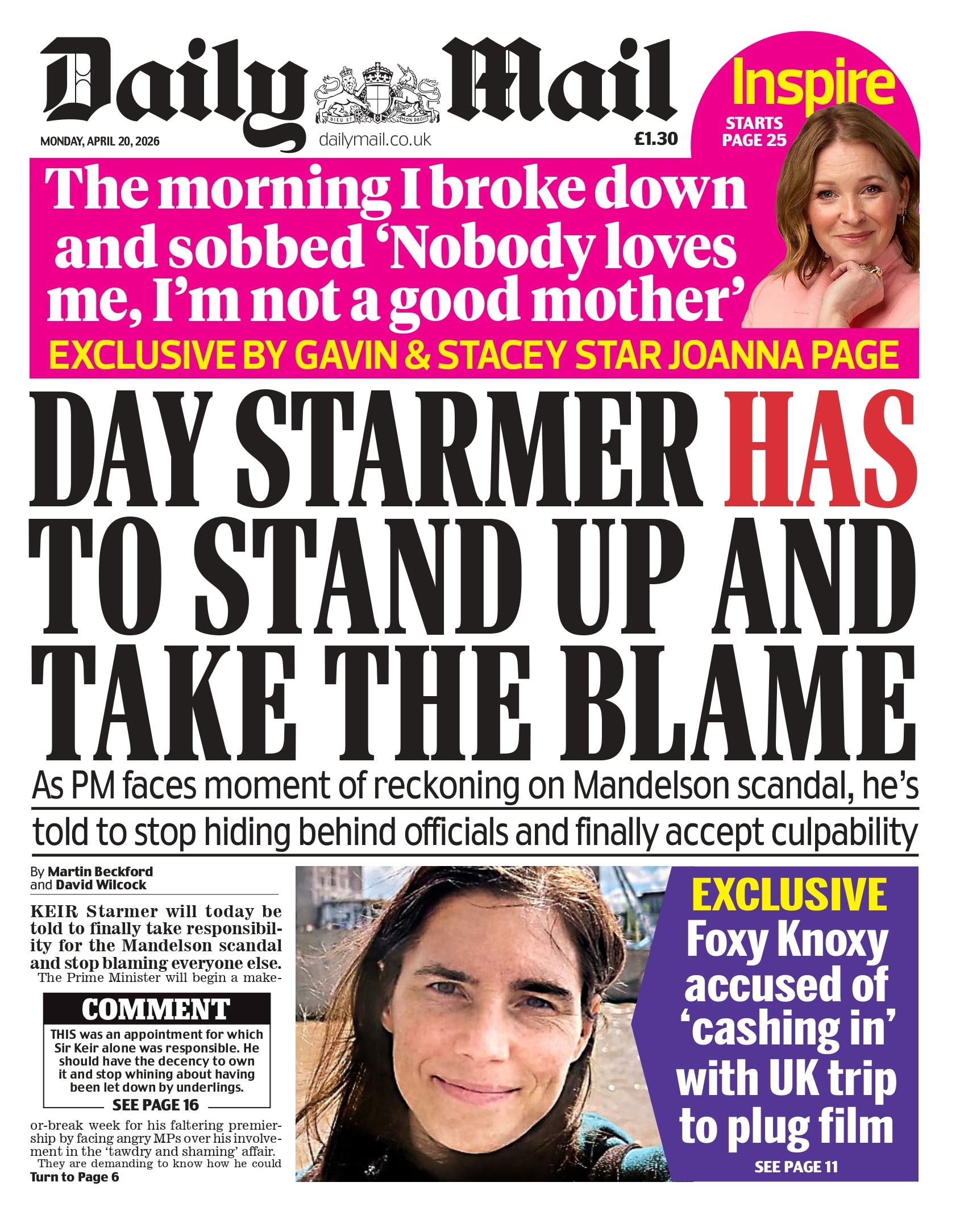 Front page of Daily Mail, 19 April 2026