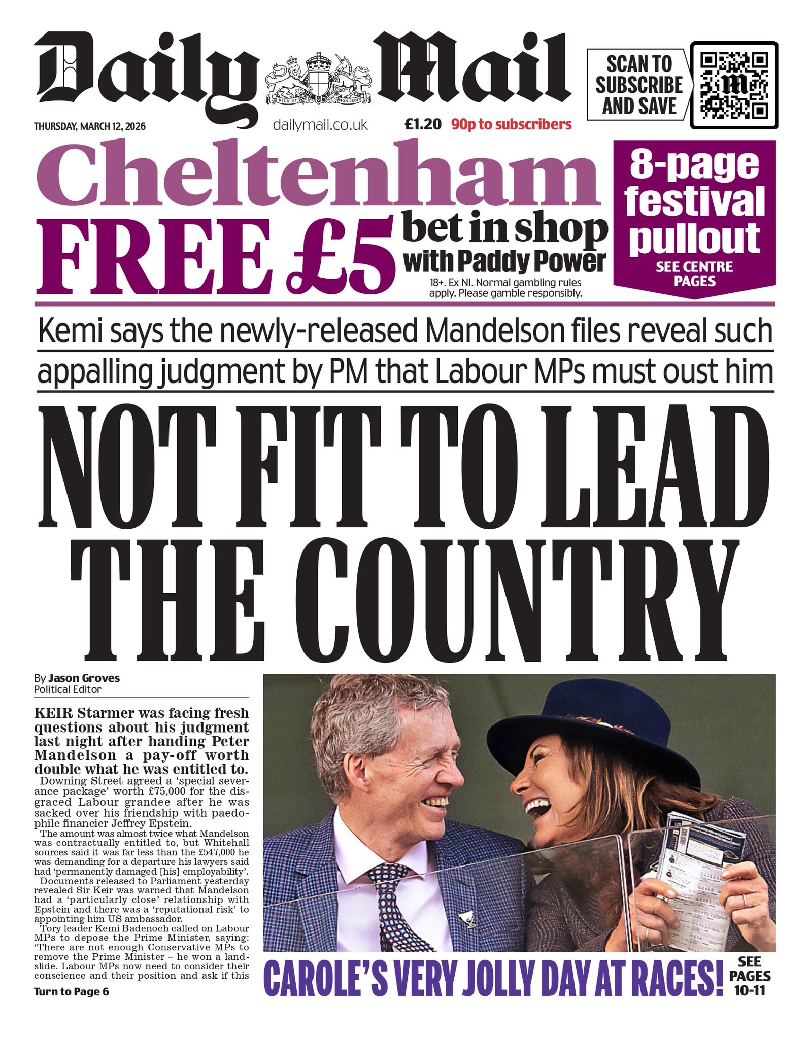 Front page of Daily Mail, 12 March 2026