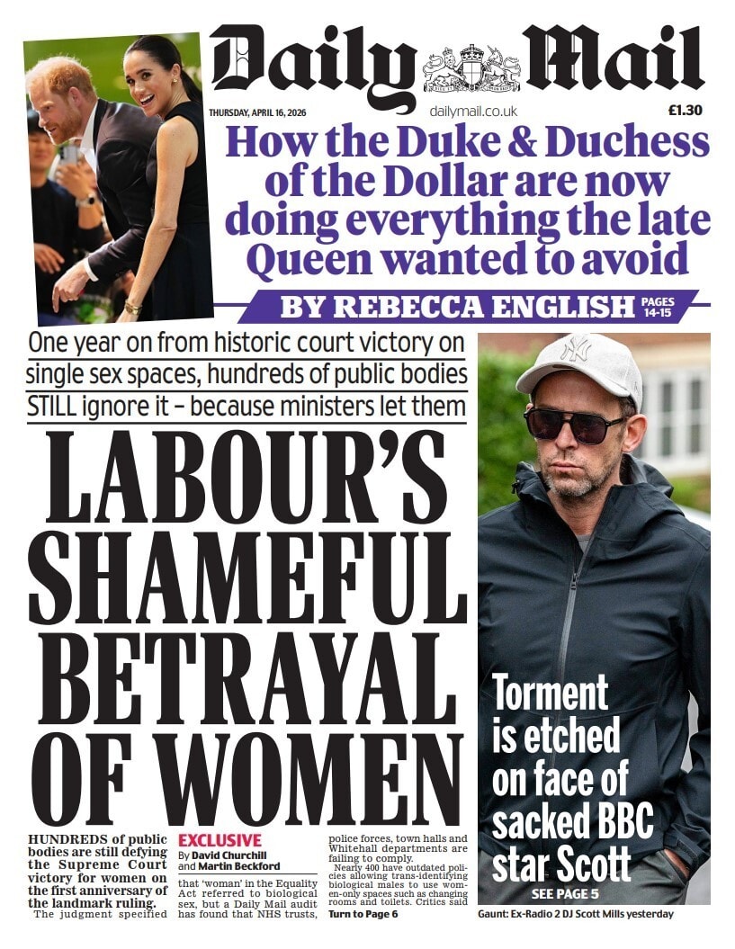 Front page of Daily Mail, 16 April 2026