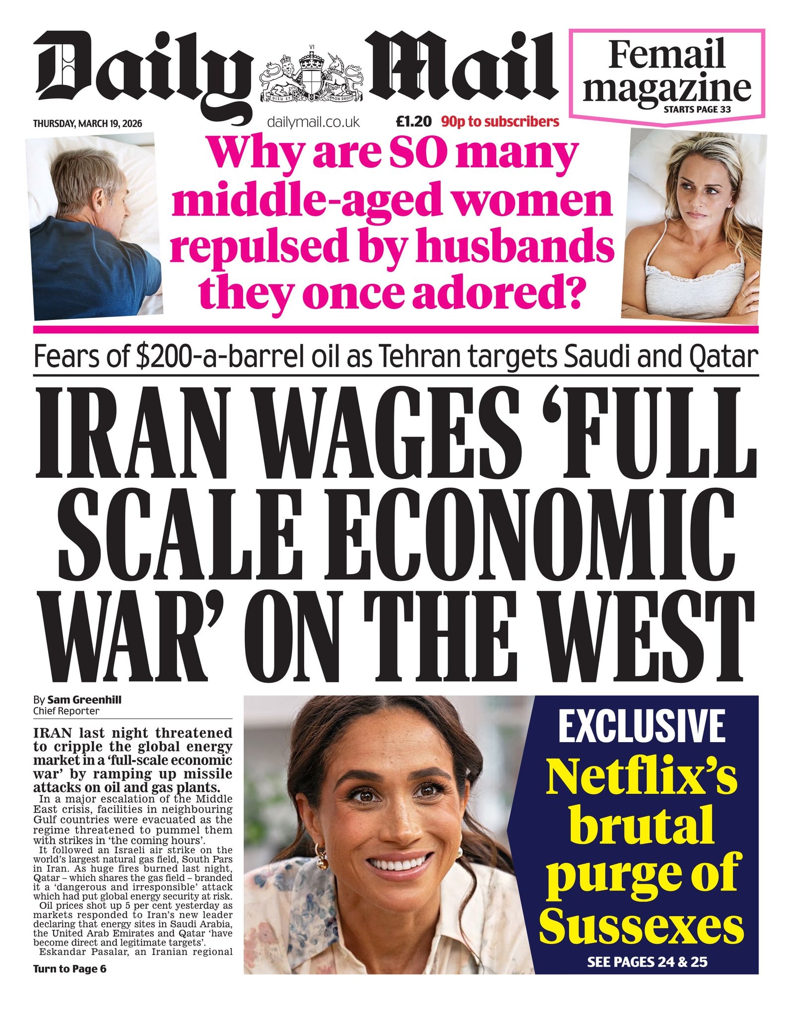 Front page of Daily Mail, 19 March 2026