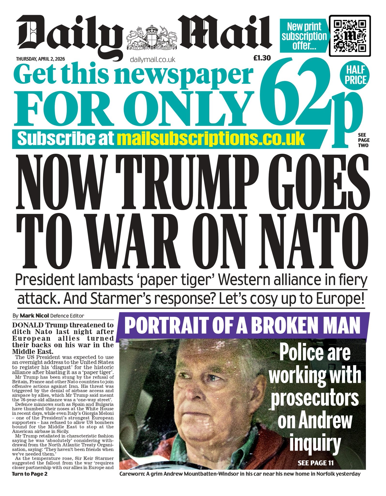 Front page of Daily Mail, 2 April 2026