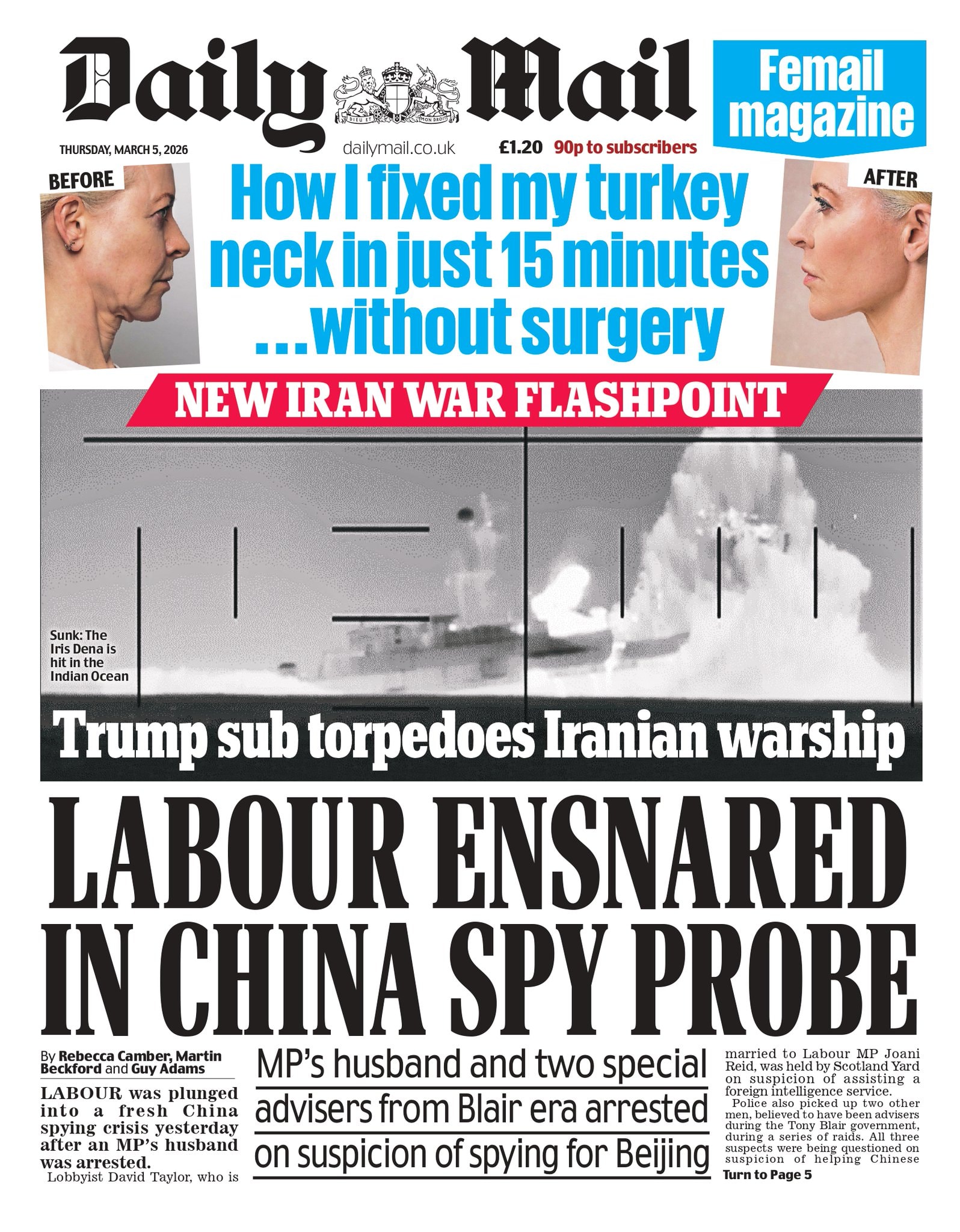 Front page of Daily Mail, 5 March 2026