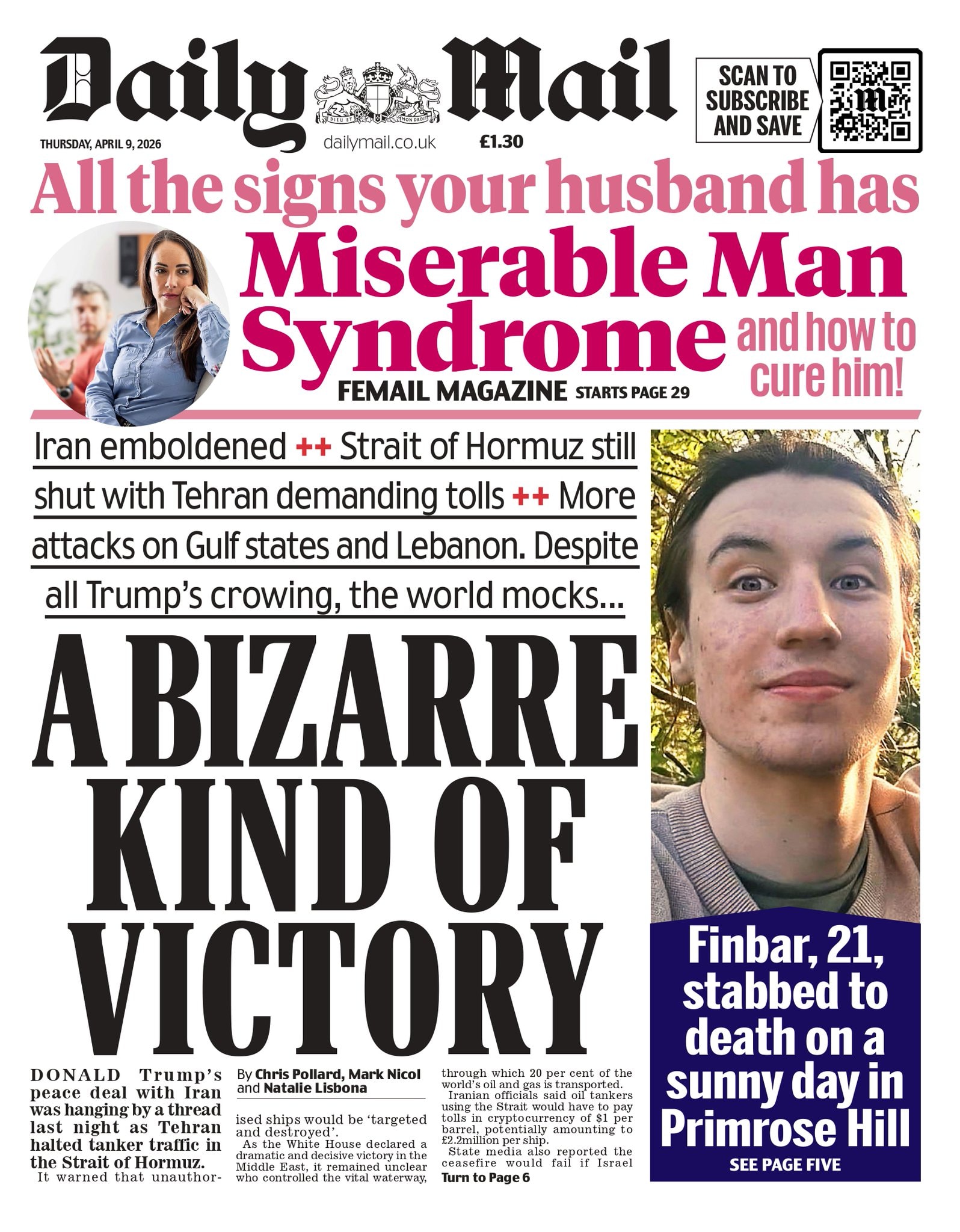 Front page of Daily Mail, 9 April 2026