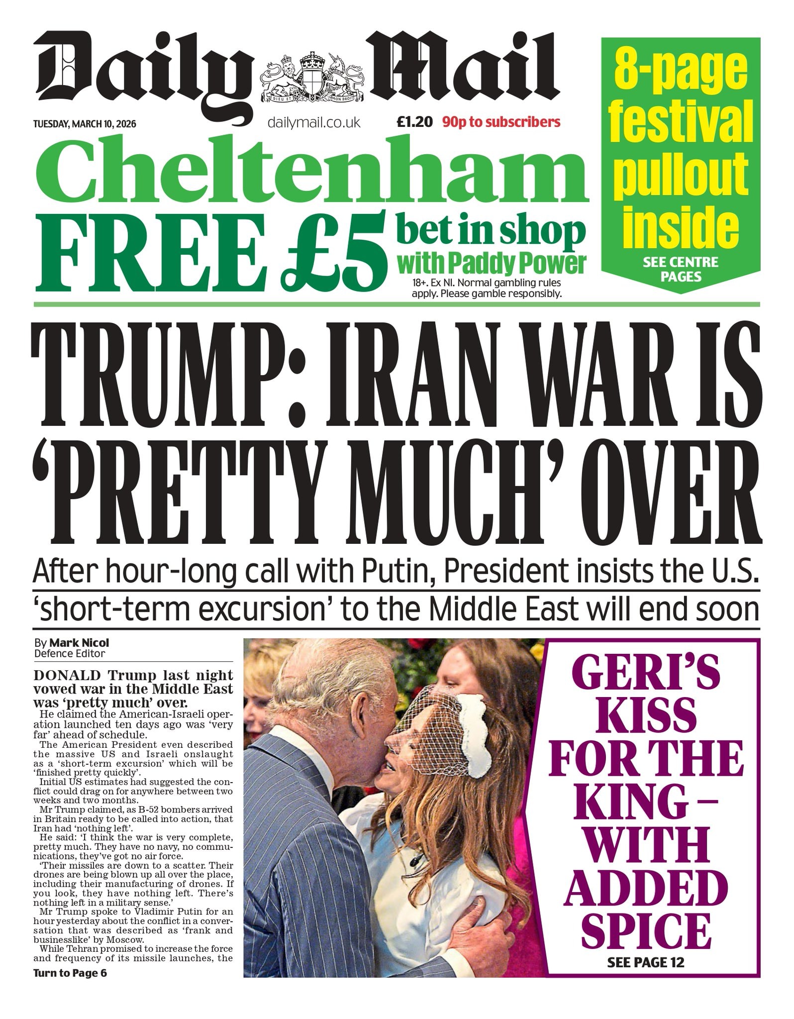 Front page of Daily Mail, 10 March 2026