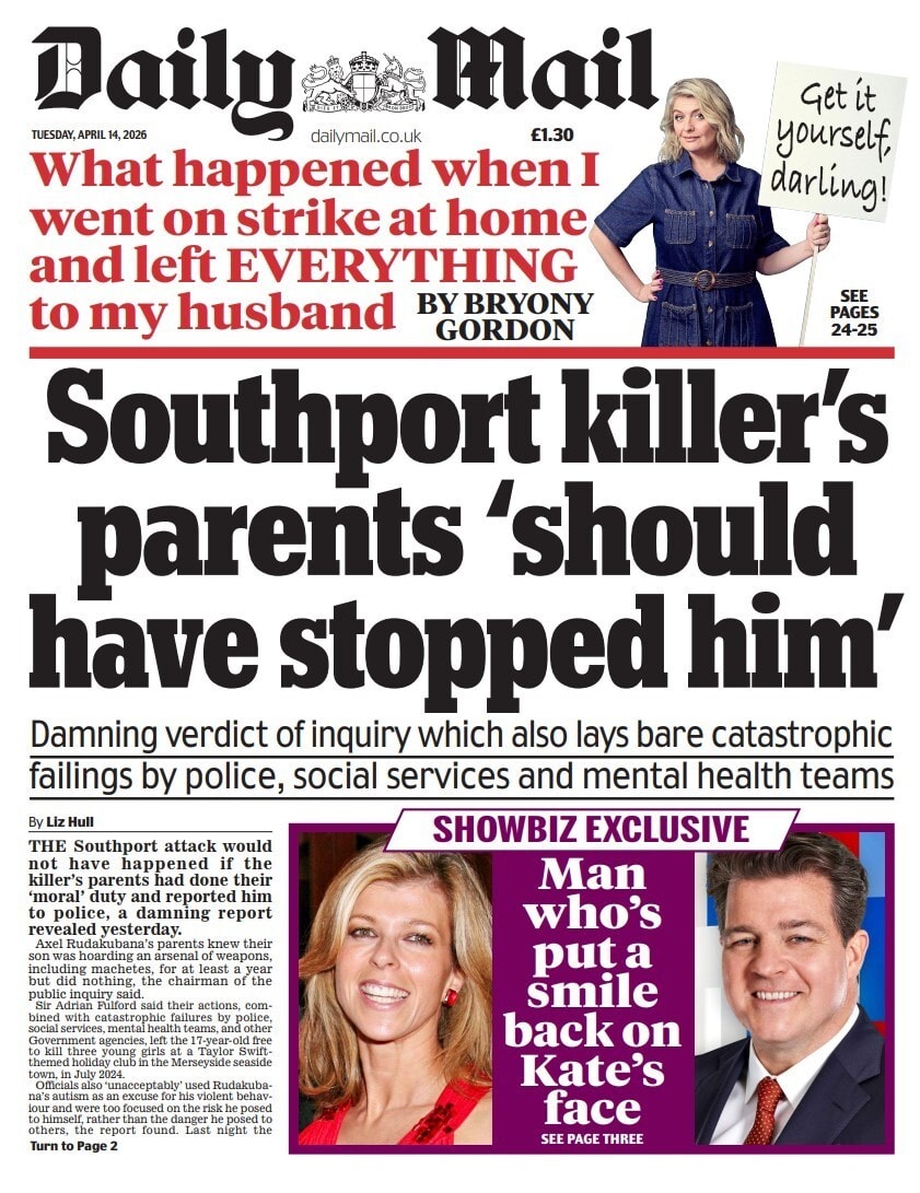 Front page of Daily Mail, 14 April 2026