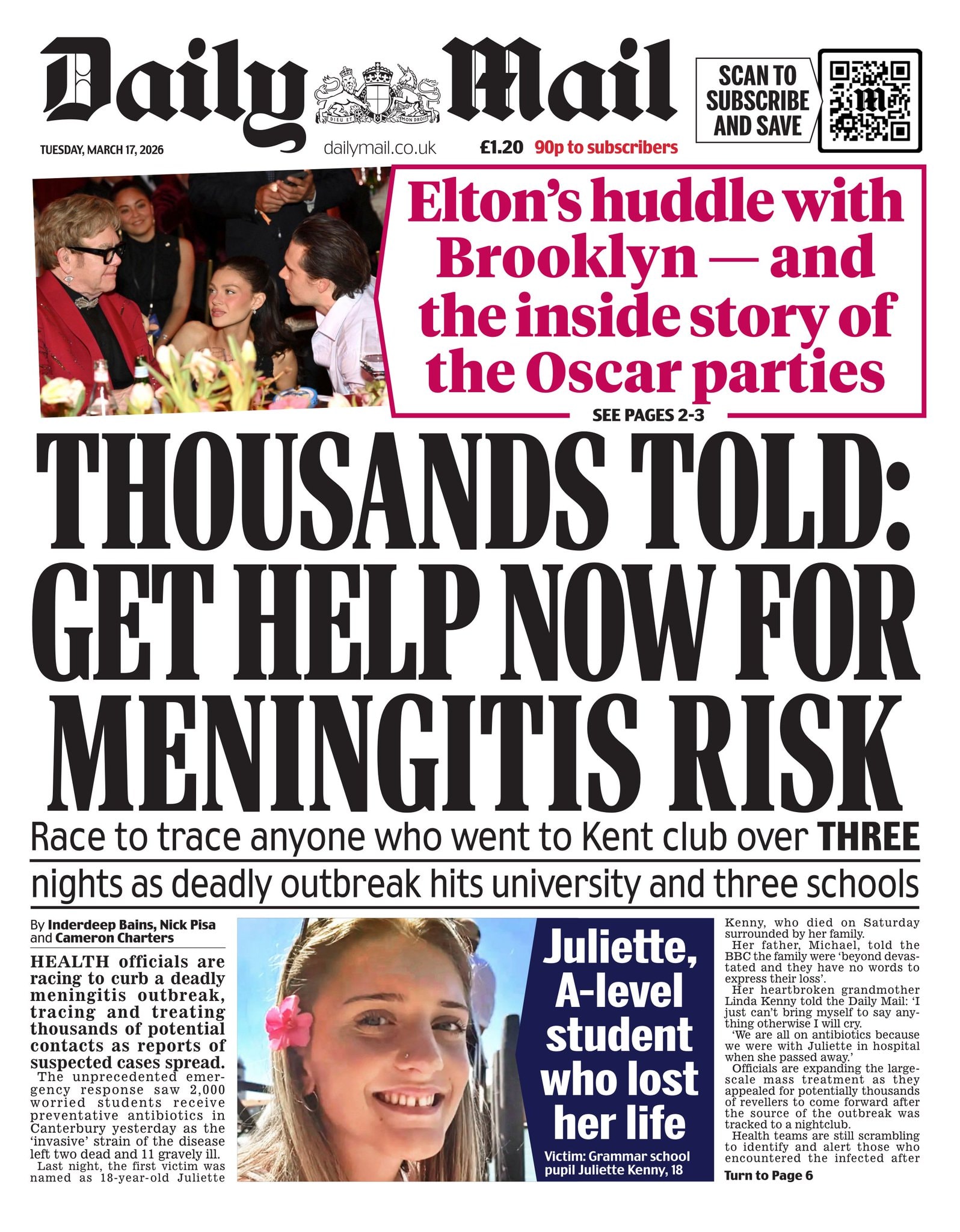 Front page of Daily Mail, 17 March 2026
