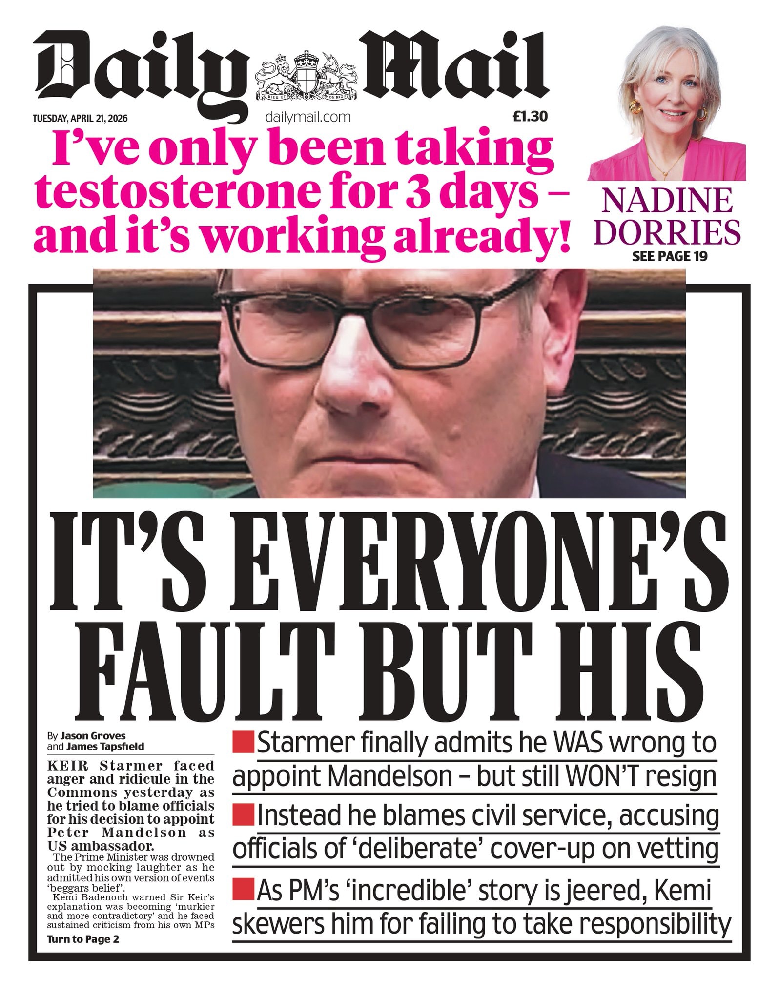Front page of Daily Mail, 21 April 2026