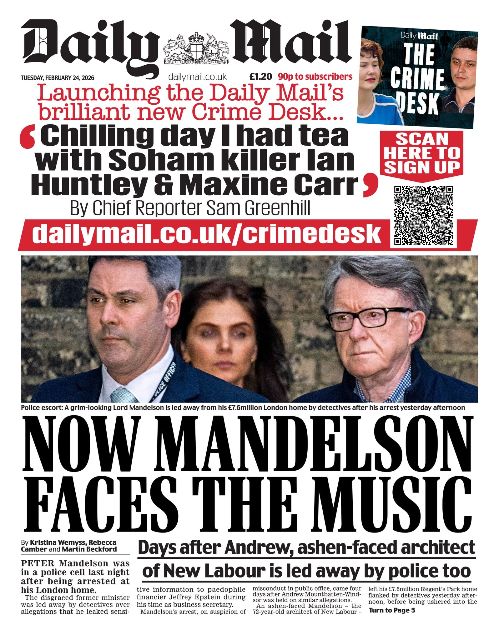 Front page of Daily Mail, 24 February 2026