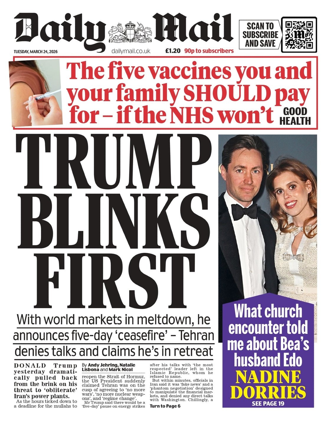 Front page of Daily Mail, 24 March 2026