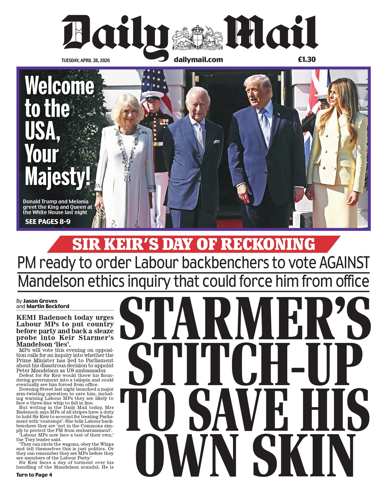 Front page of Daily Mail, 28 April 2026