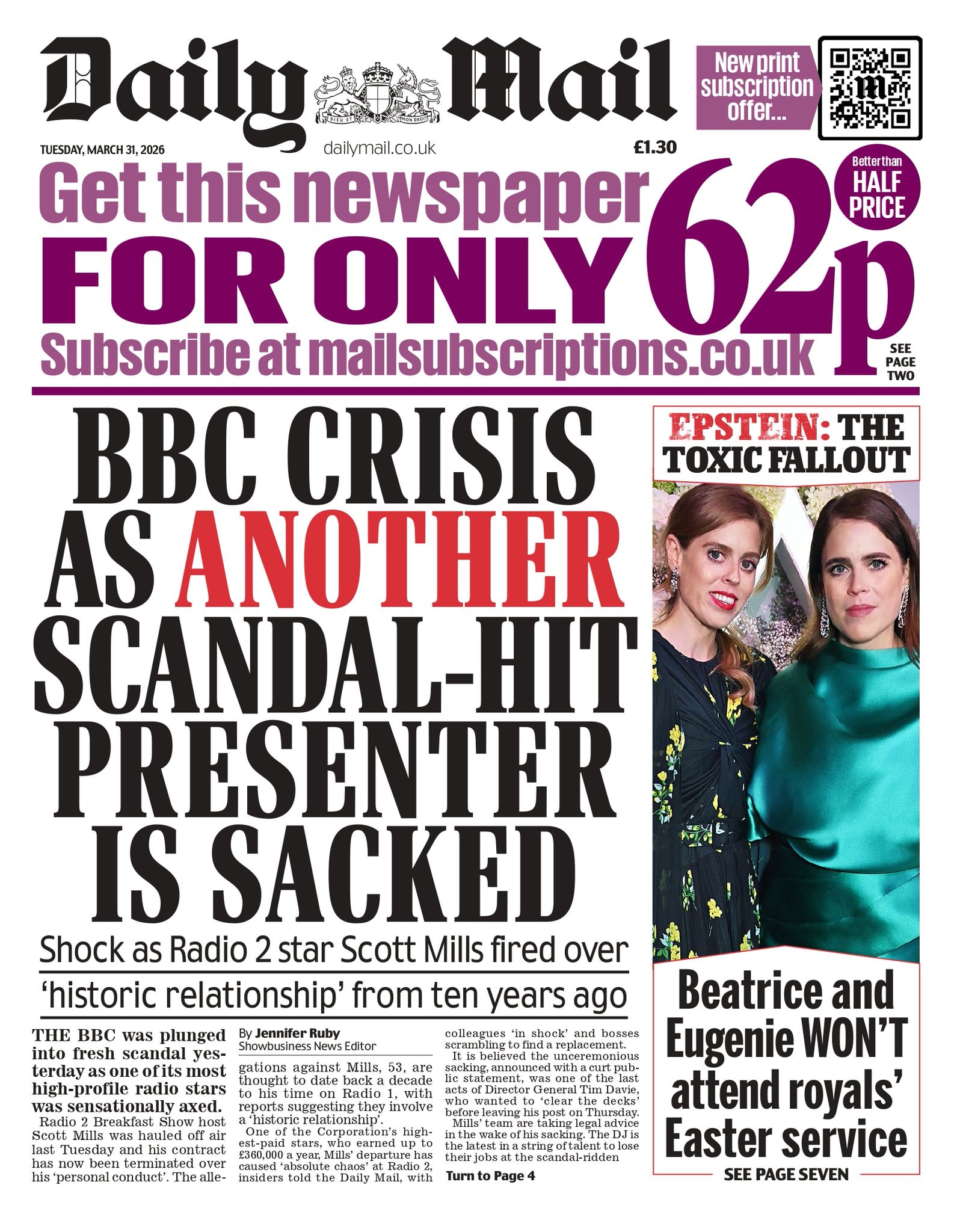 Front page of Daily Mail, 31 March 2026