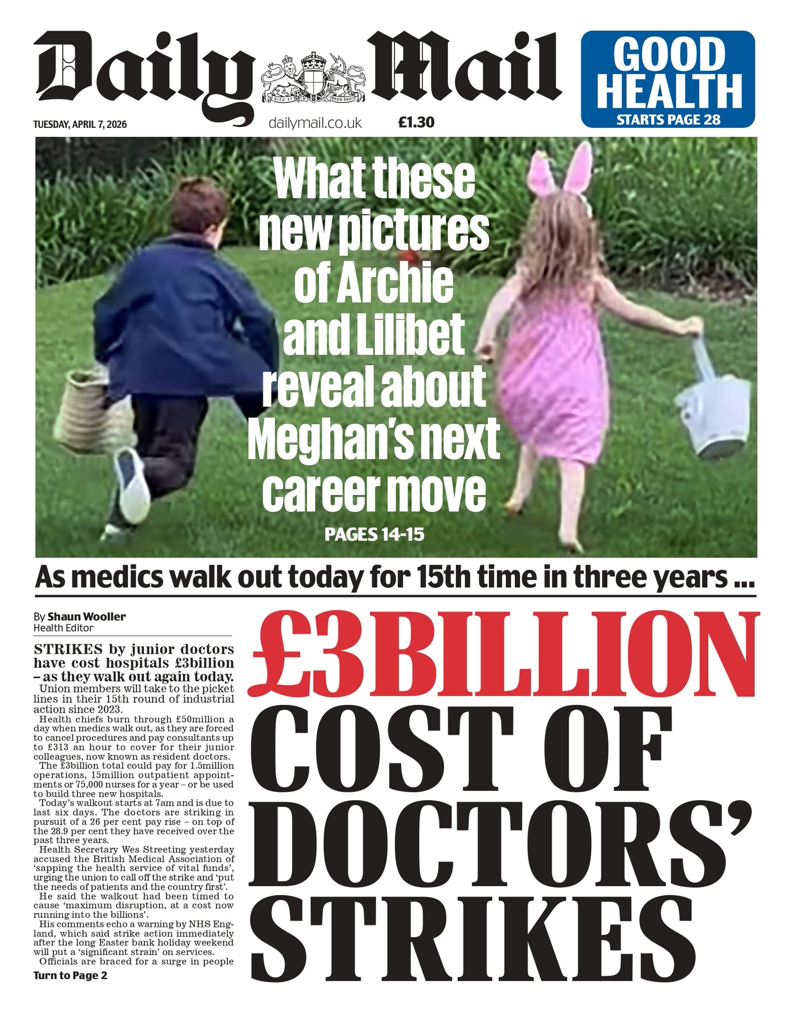 Front page of Daily Mail, 7 April 2026