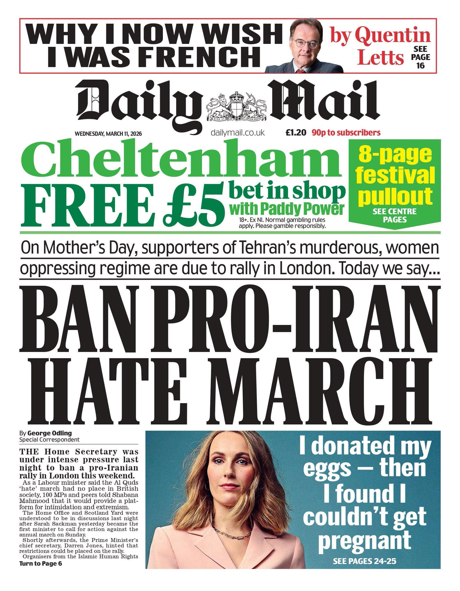 Front page of Daily Mail, 11 March 2026