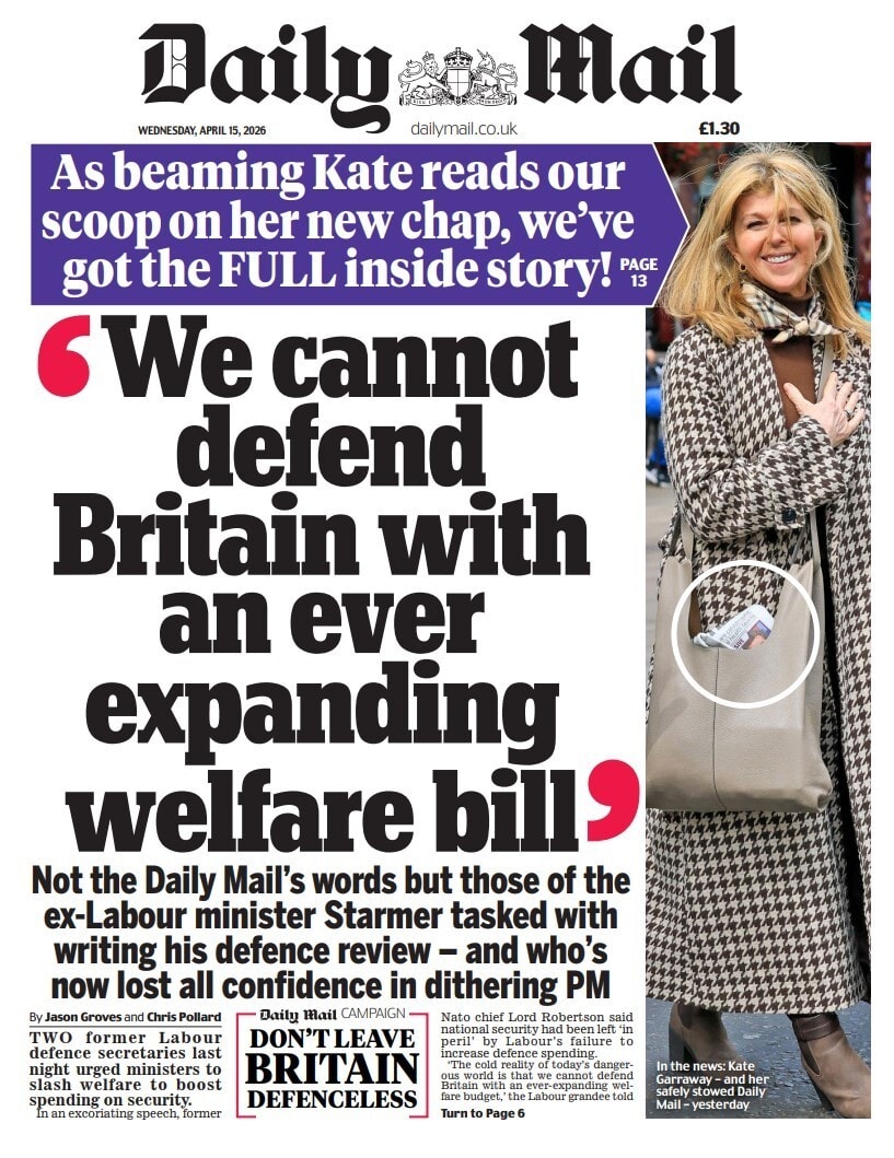 Front page of Daily Mail, 15 April 2026