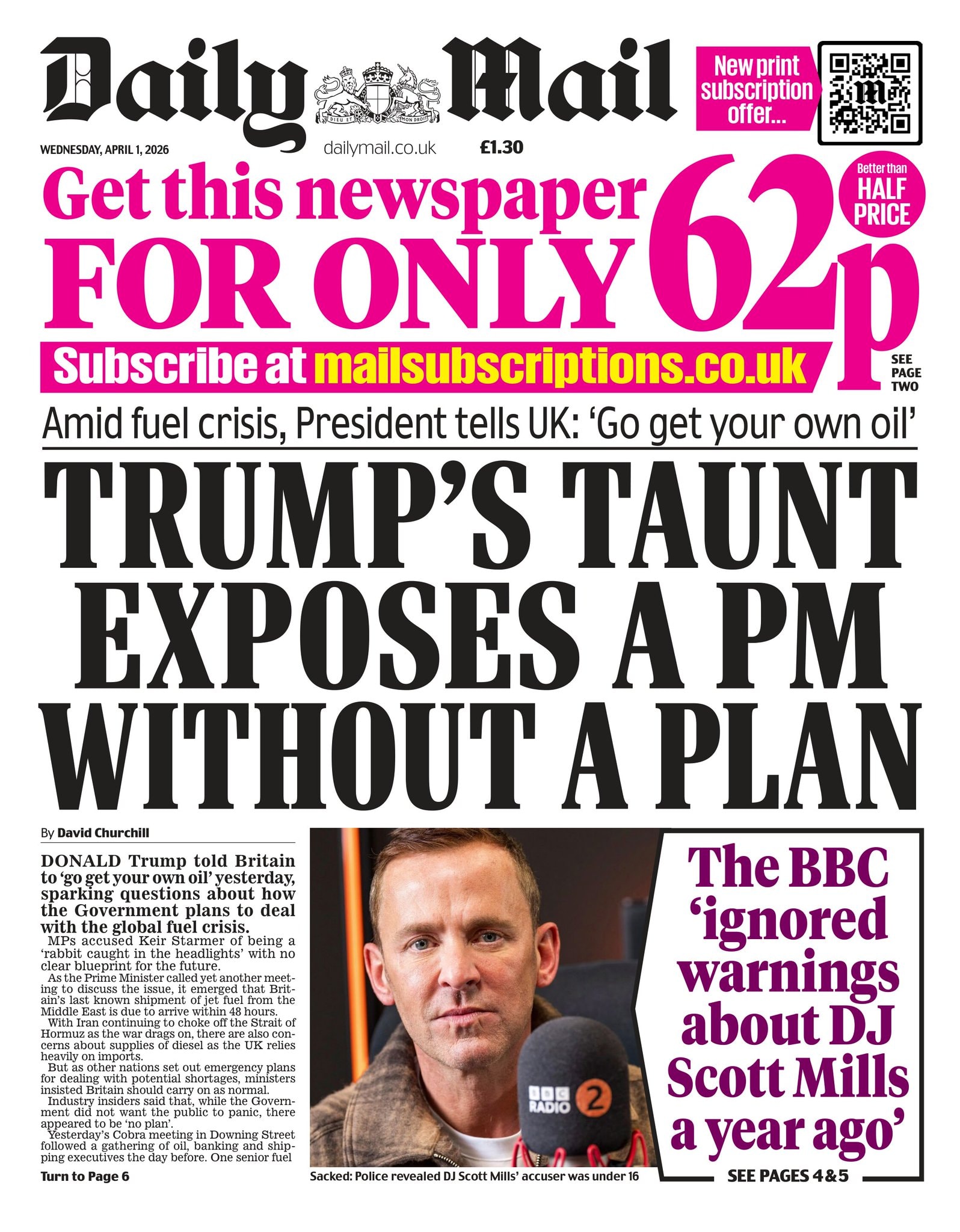 Front page of Daily Mail, 1 April 2026