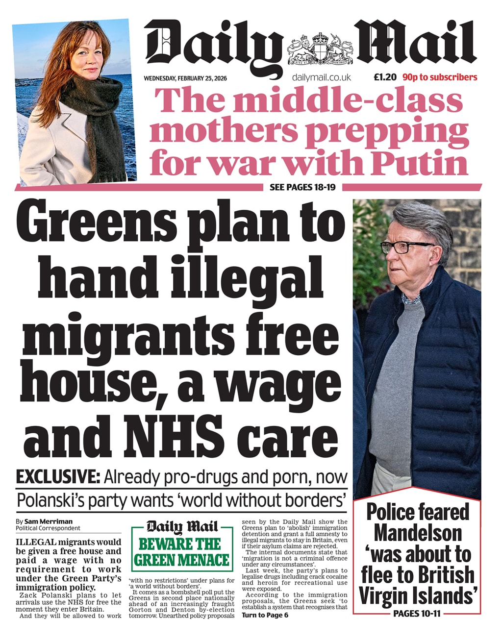 Front page of Daily Mail, 25 February 2026
