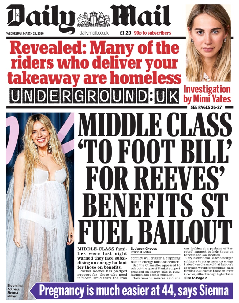 Front page of Daily Mail, 25 March 2026