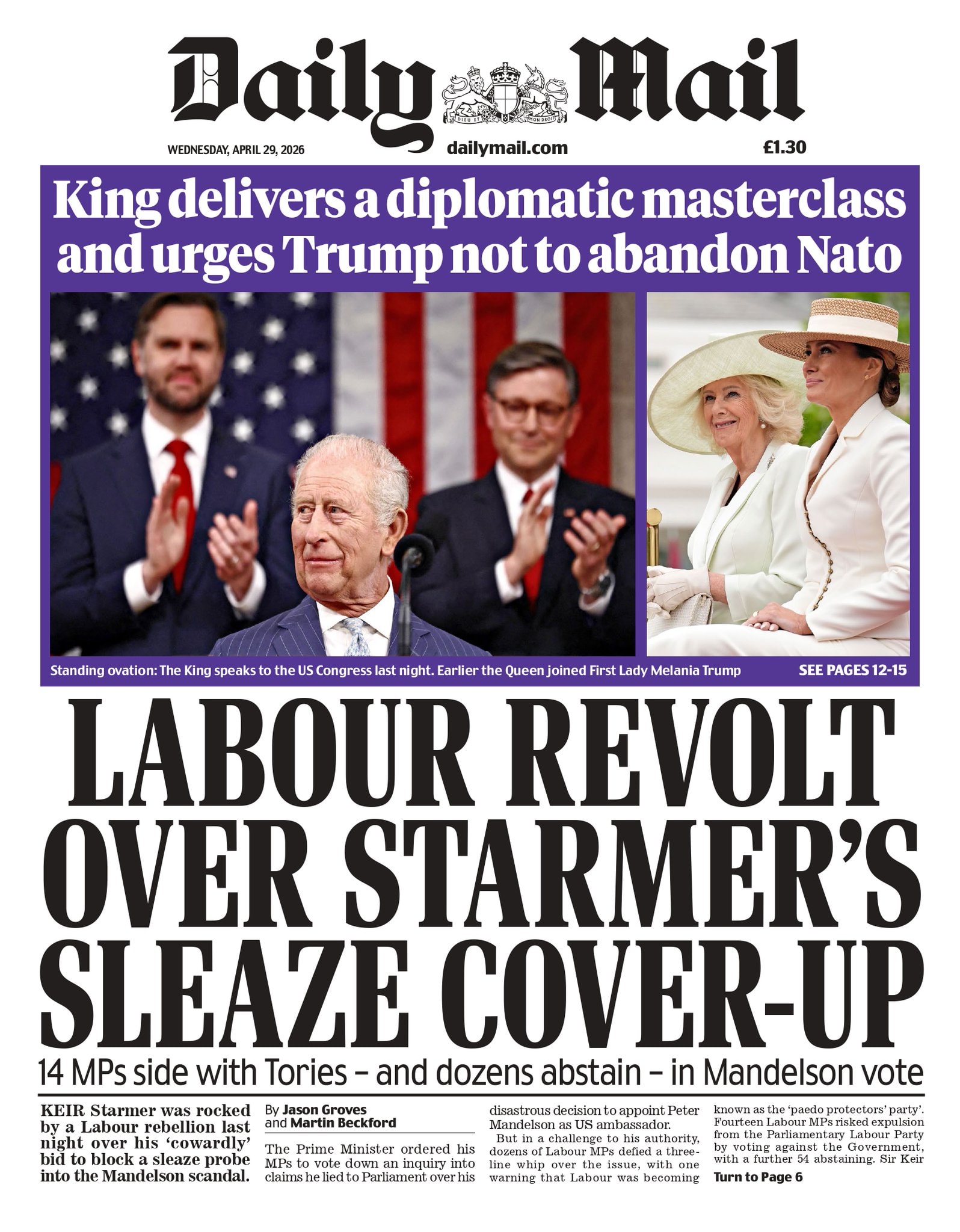 Front page of Daily Mail, 29 April 2026