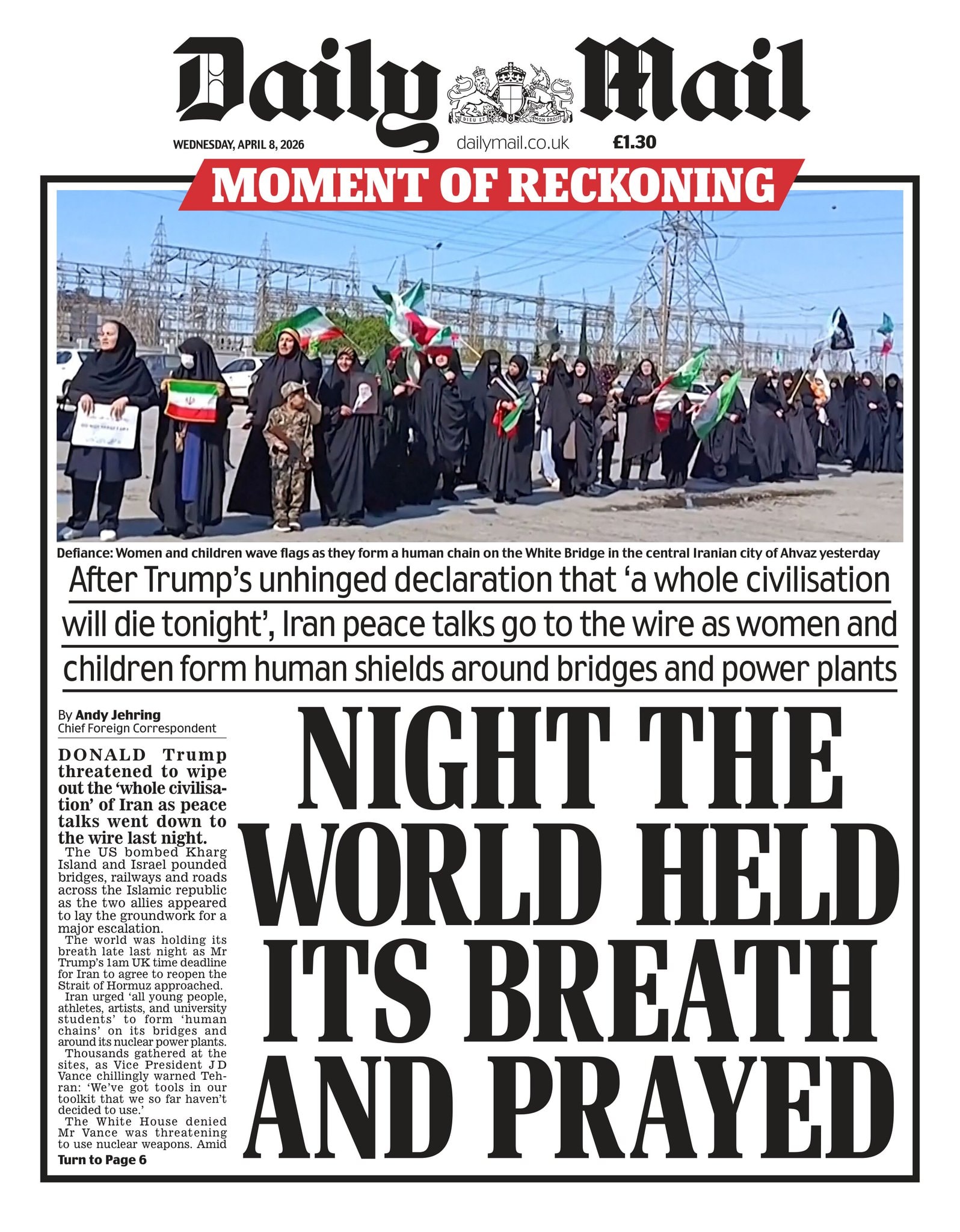 Front page of Daily Mail, 8 April 2026