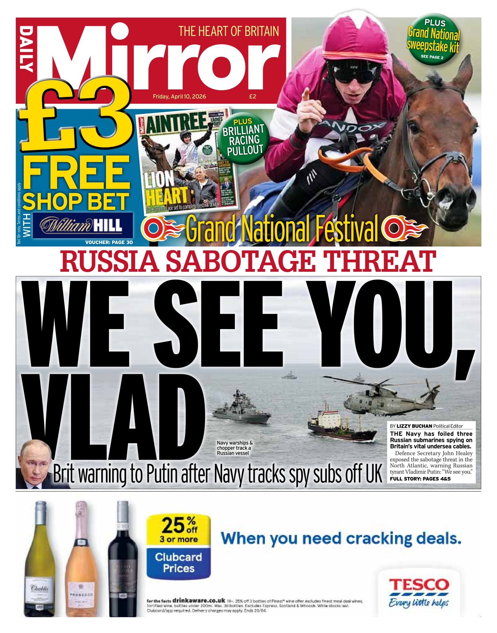 Front page of Daily Mirror, 10 April 2026