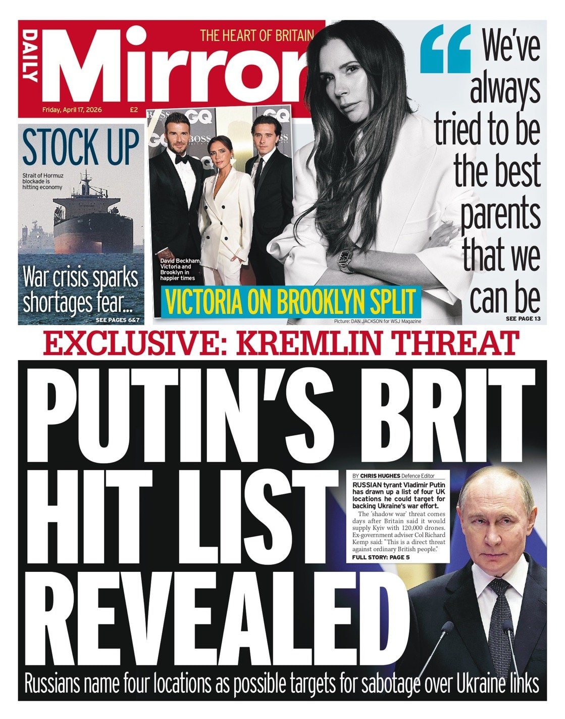 Front page of Daily Mirror, 17 April 2026