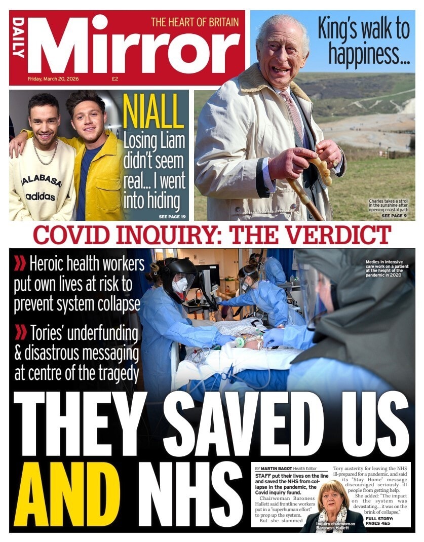 Front page of Daily Mirror, 20 March 2026