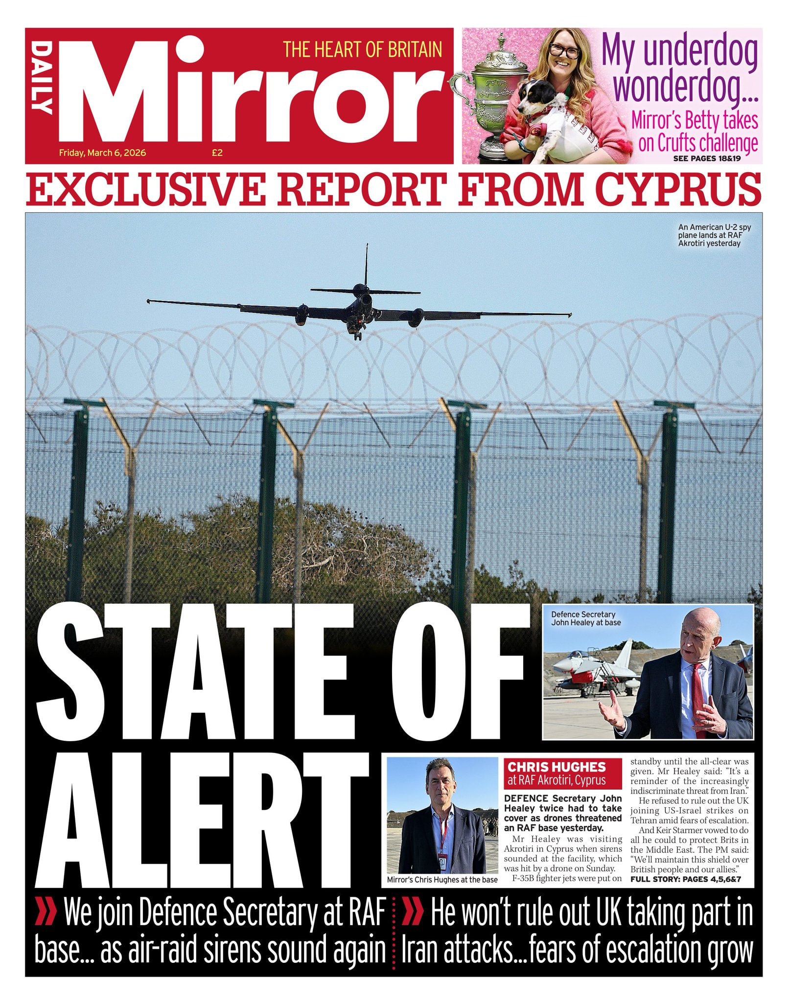 Front page of Daily Mirror, 6 March 2026