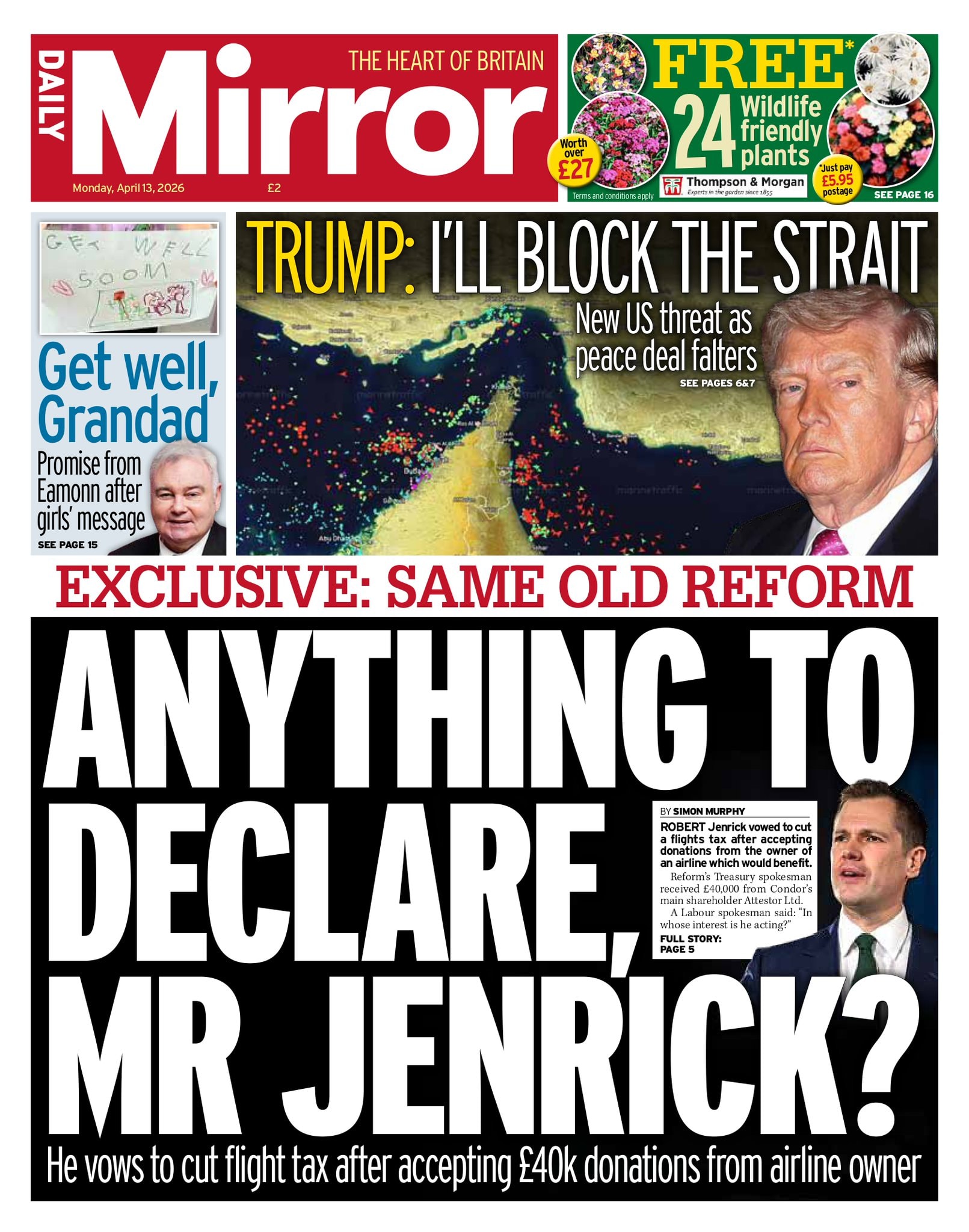 Front page of Daily Mirror, 13 April 2026