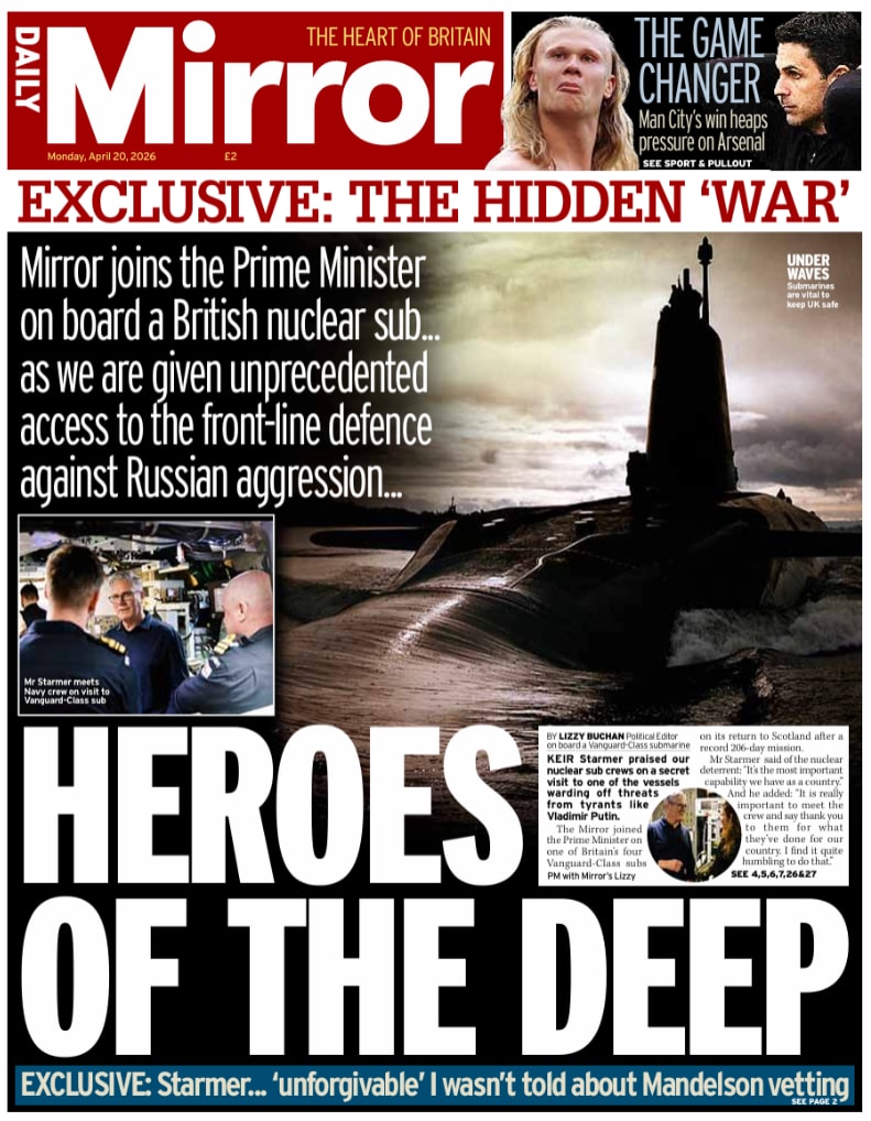 Front page of Daily Mirror, 20 April 2026