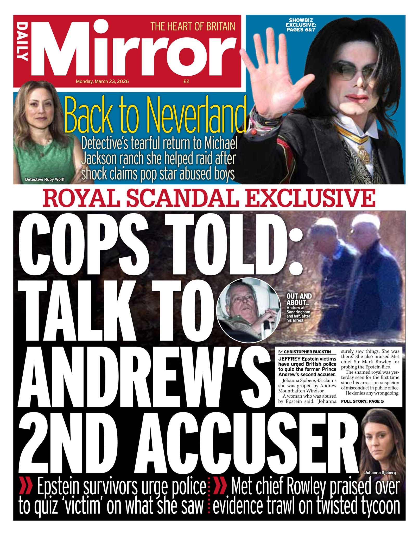 Front page of Daily Mirror, 23 March 2026