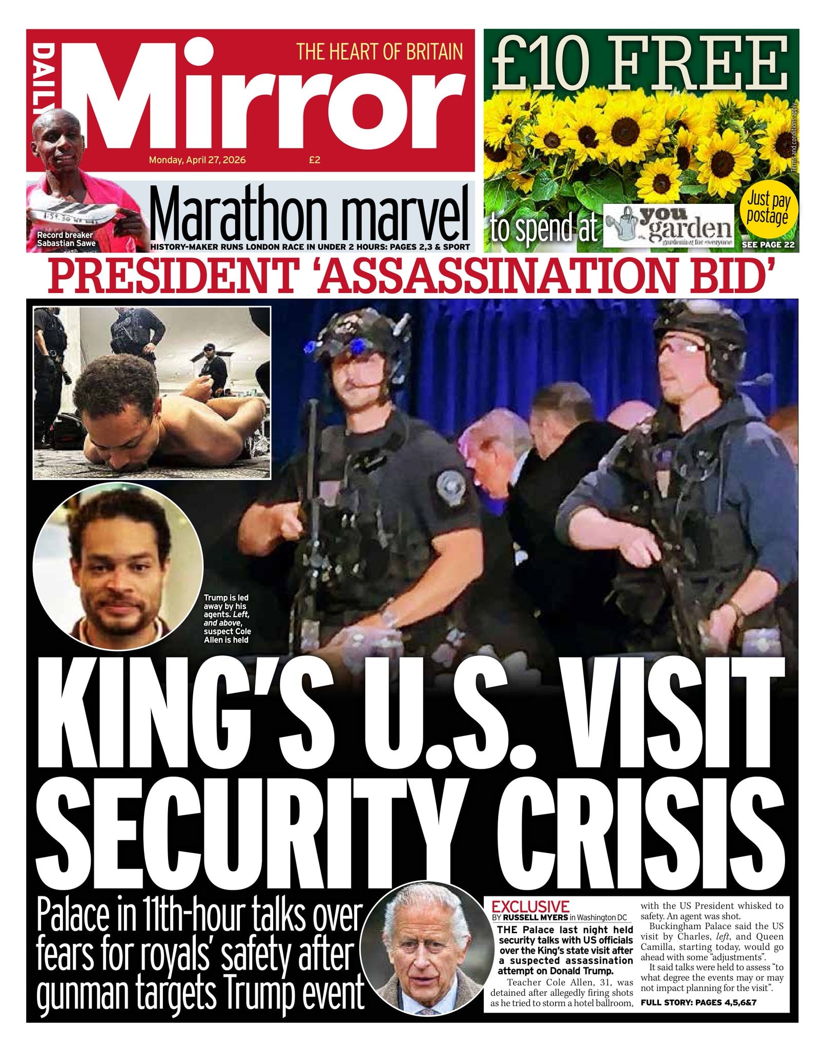 Front page of Daily Mirror, 27 April 2026