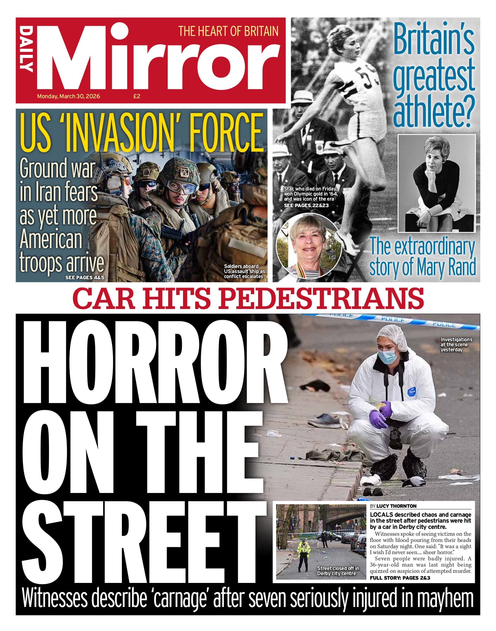 Front page of Daily Mirror, 30 March 2026