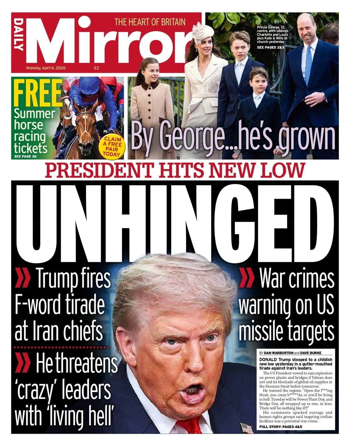 Front page of Daily Mirror, 6 April 2026