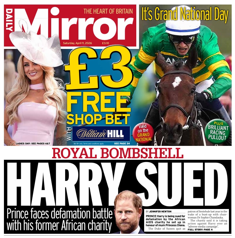 Front page of Daily Mirror, 11 April 2026
