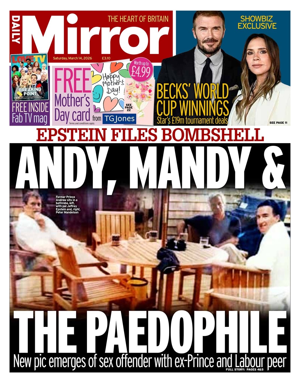 Front page of Daily Mirror, 14 March 2026