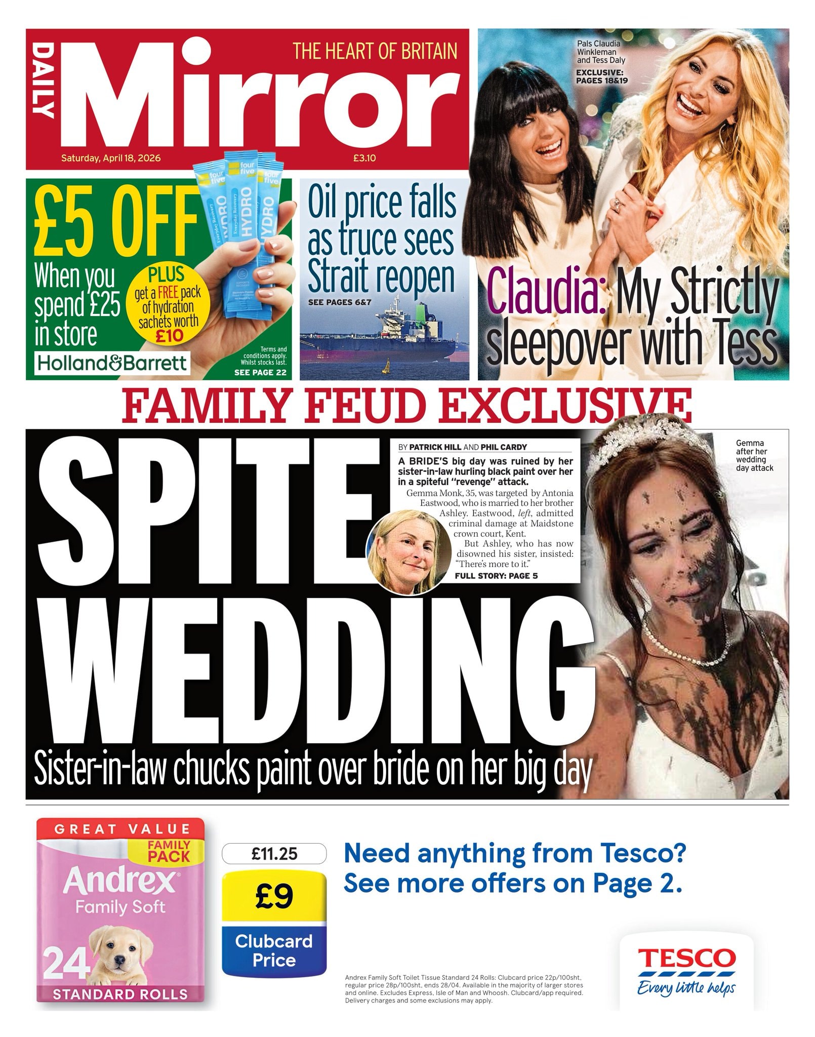 Front page of Daily Mirror, 18 April 2026