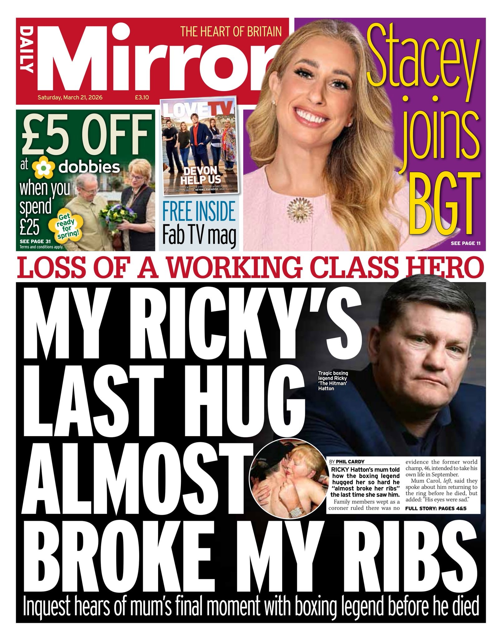 Front page of Daily Mirror, 21 March 2026