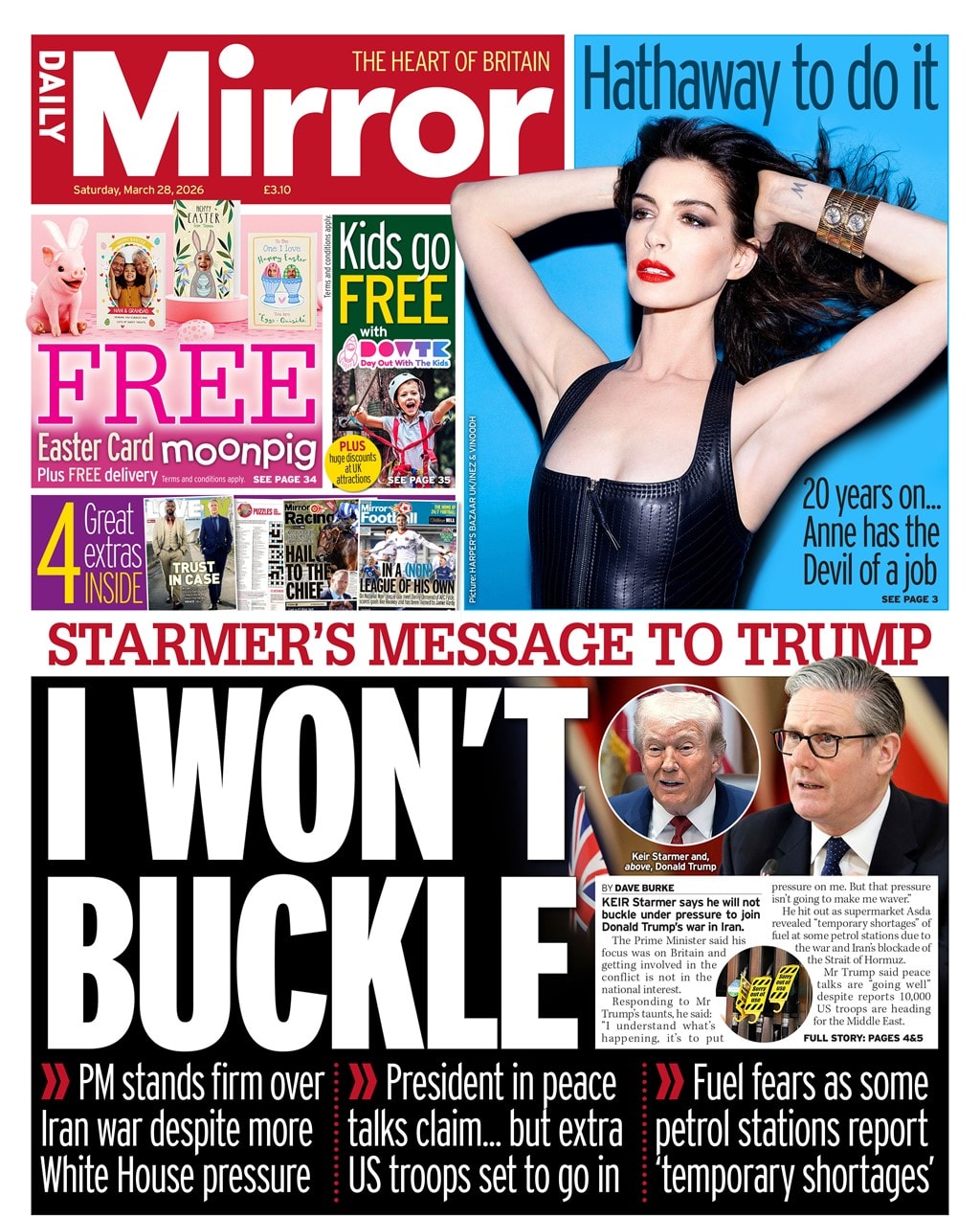 Front page of Daily Mirror, 28 March 2026