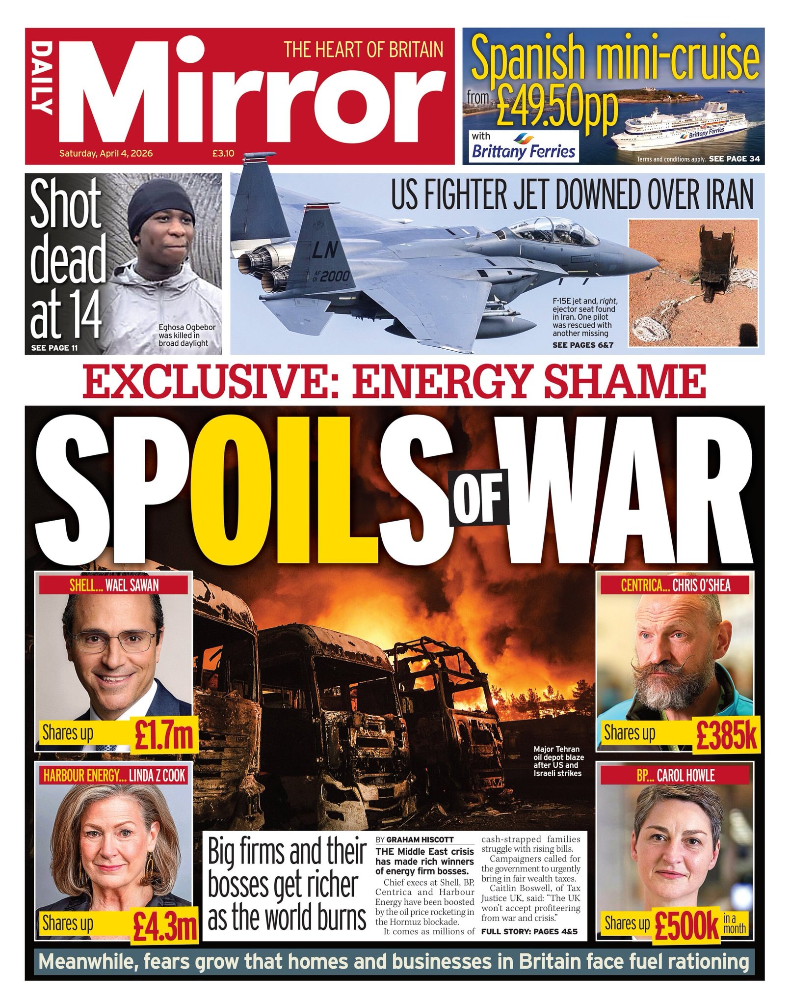 Front page of Daily Mirror, 4 April 2026