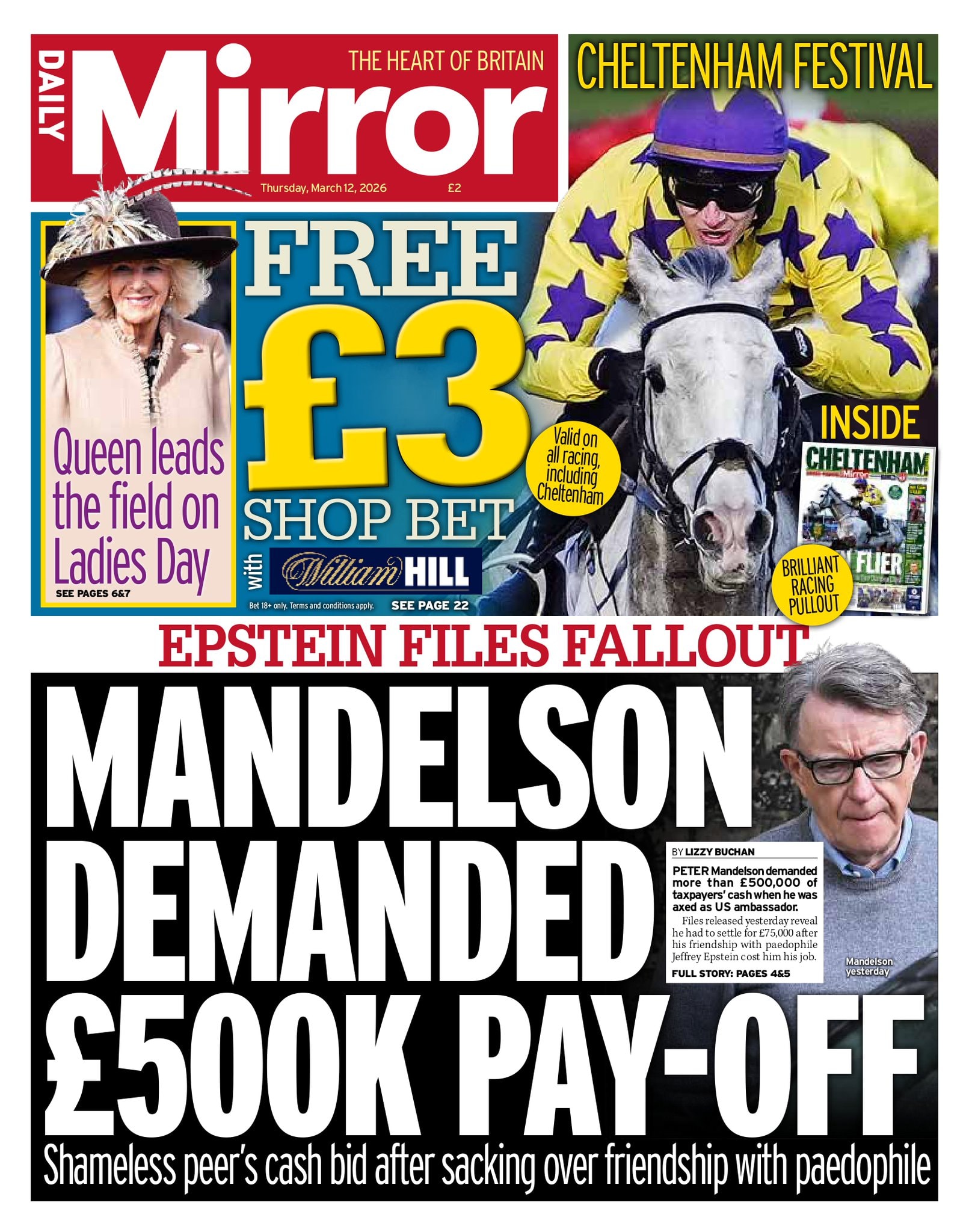 Front page of Daily Mirror, 12 March 2026