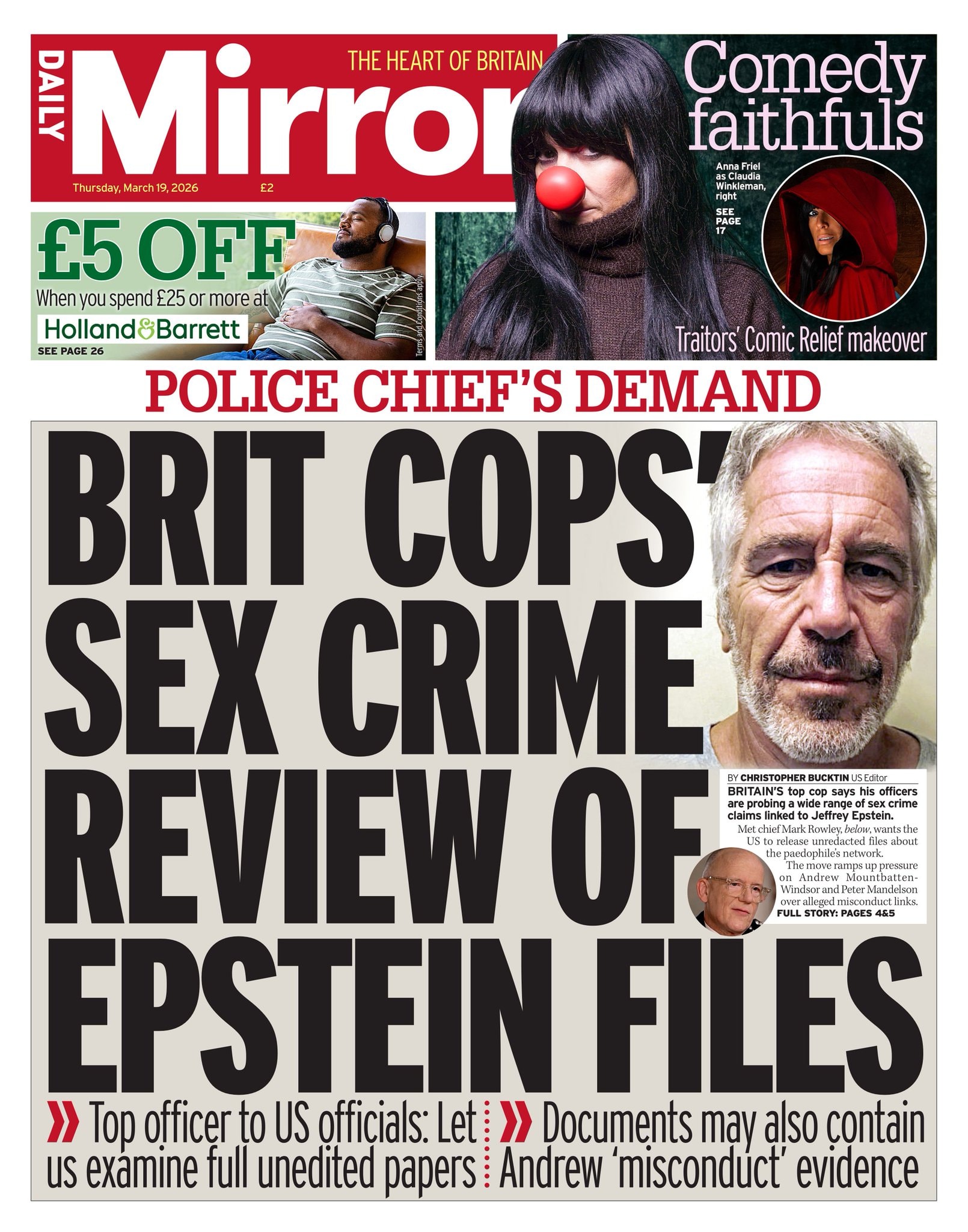Front page of Daily Mirror, 19 March 2026