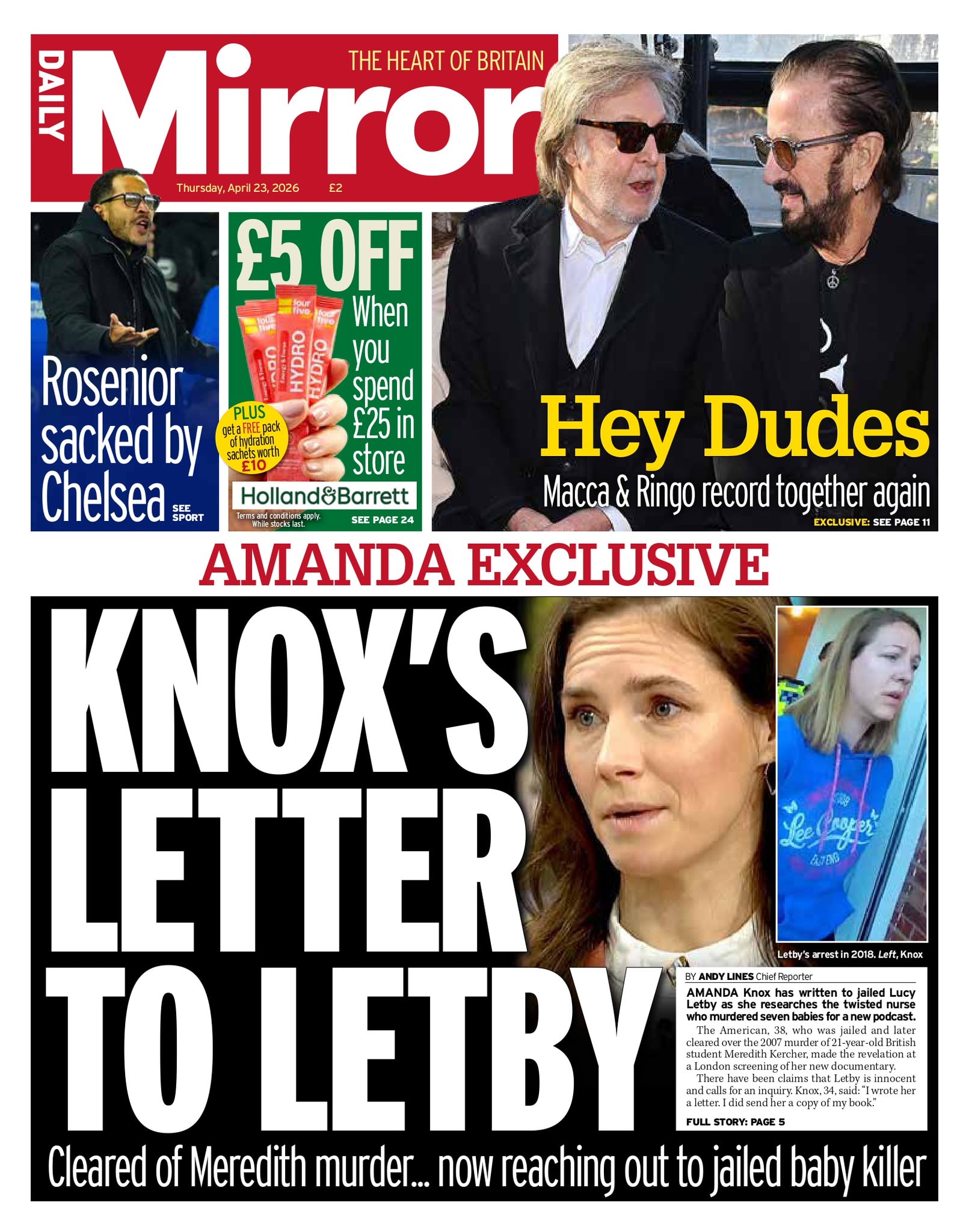 Front page of Daily Mirror, 23 April 2026