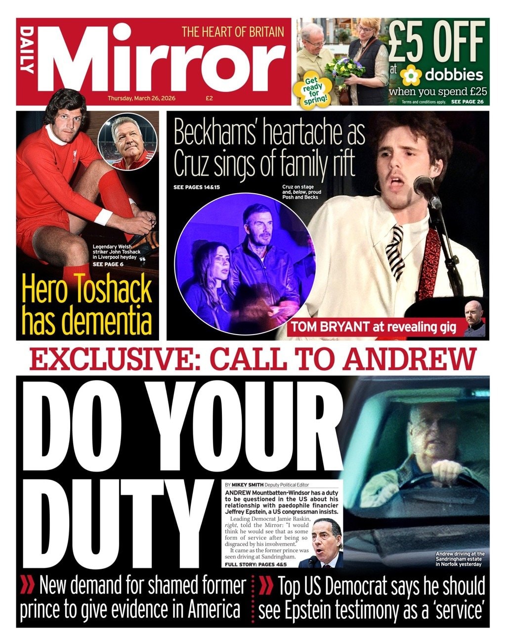 Front page of Daily Mirror, 26 March 2026