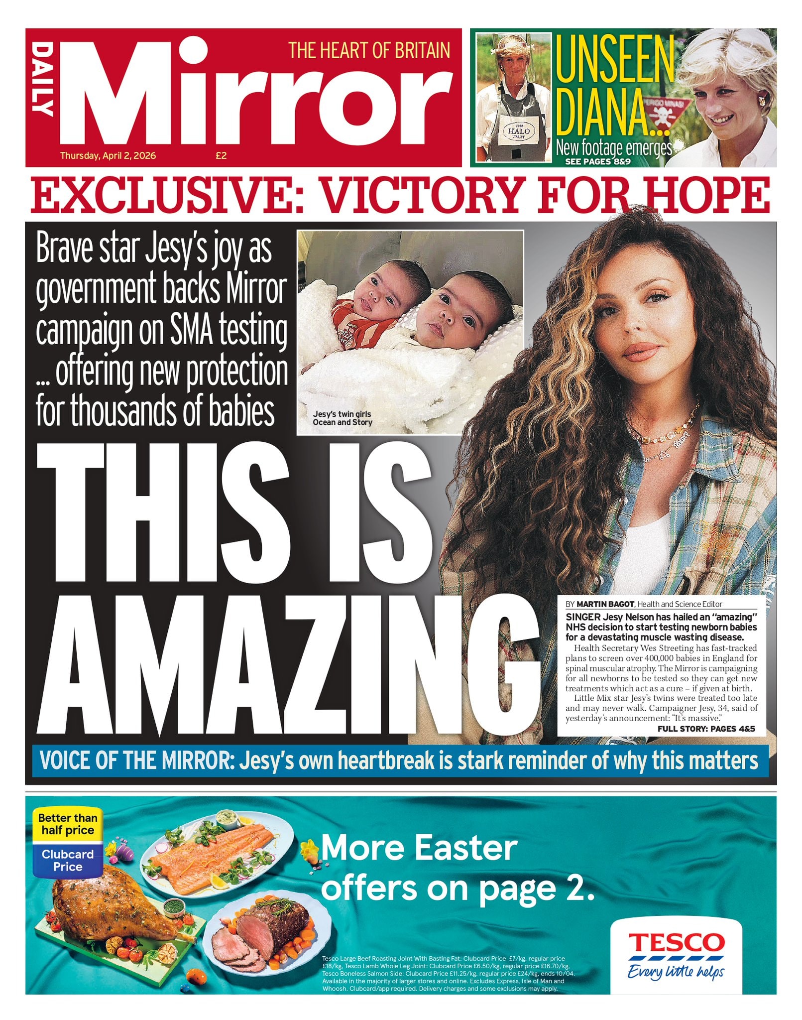 Front page of Daily Mirror, 2 April 2026