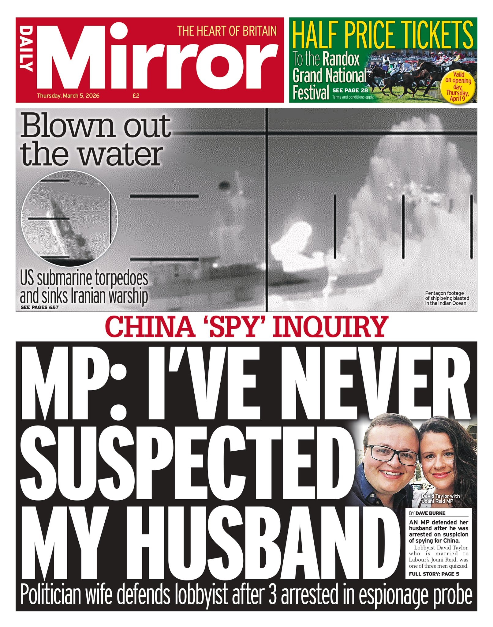 Front page of Daily Mirror, 5 March 2026