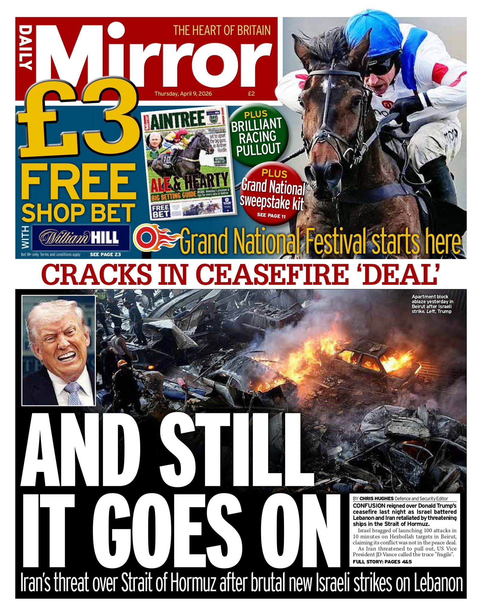 Front page of Daily Mirror, 9 April 2026