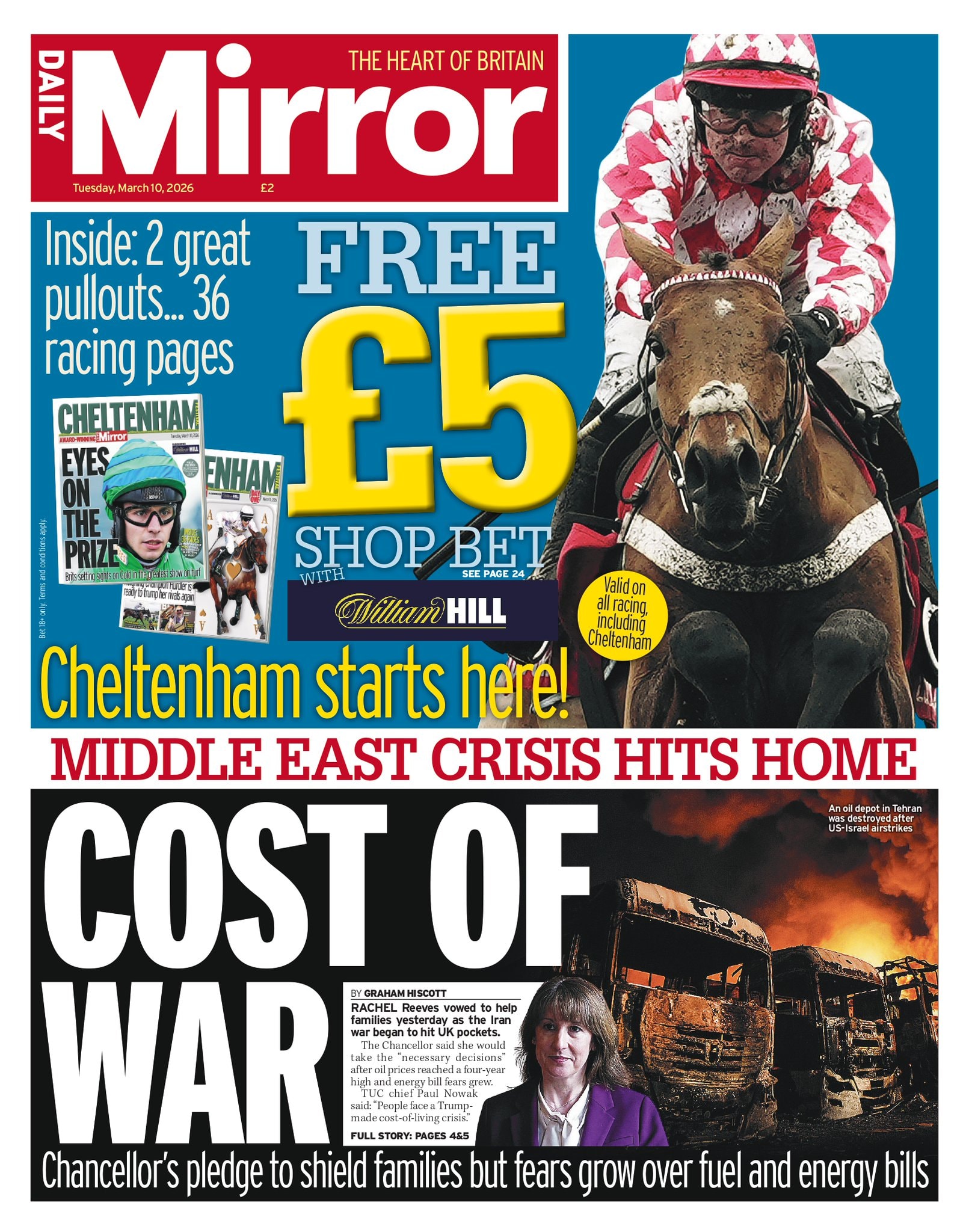 Front page of Daily Mirror, 10 March 2026